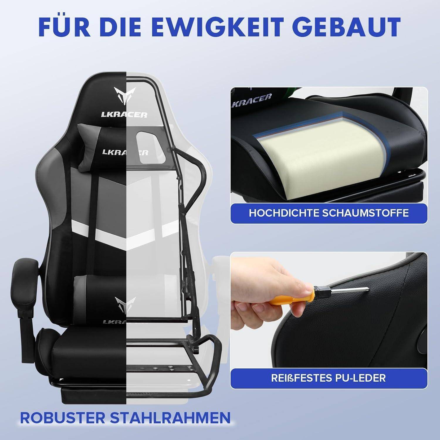 Ein Gaming-Stuhl mit einem robusten Stahlgestell, hochdichtem Schaum und reißfestem PU-Leder; gekennzeichnet als „Für die Ewigkeit gebaut