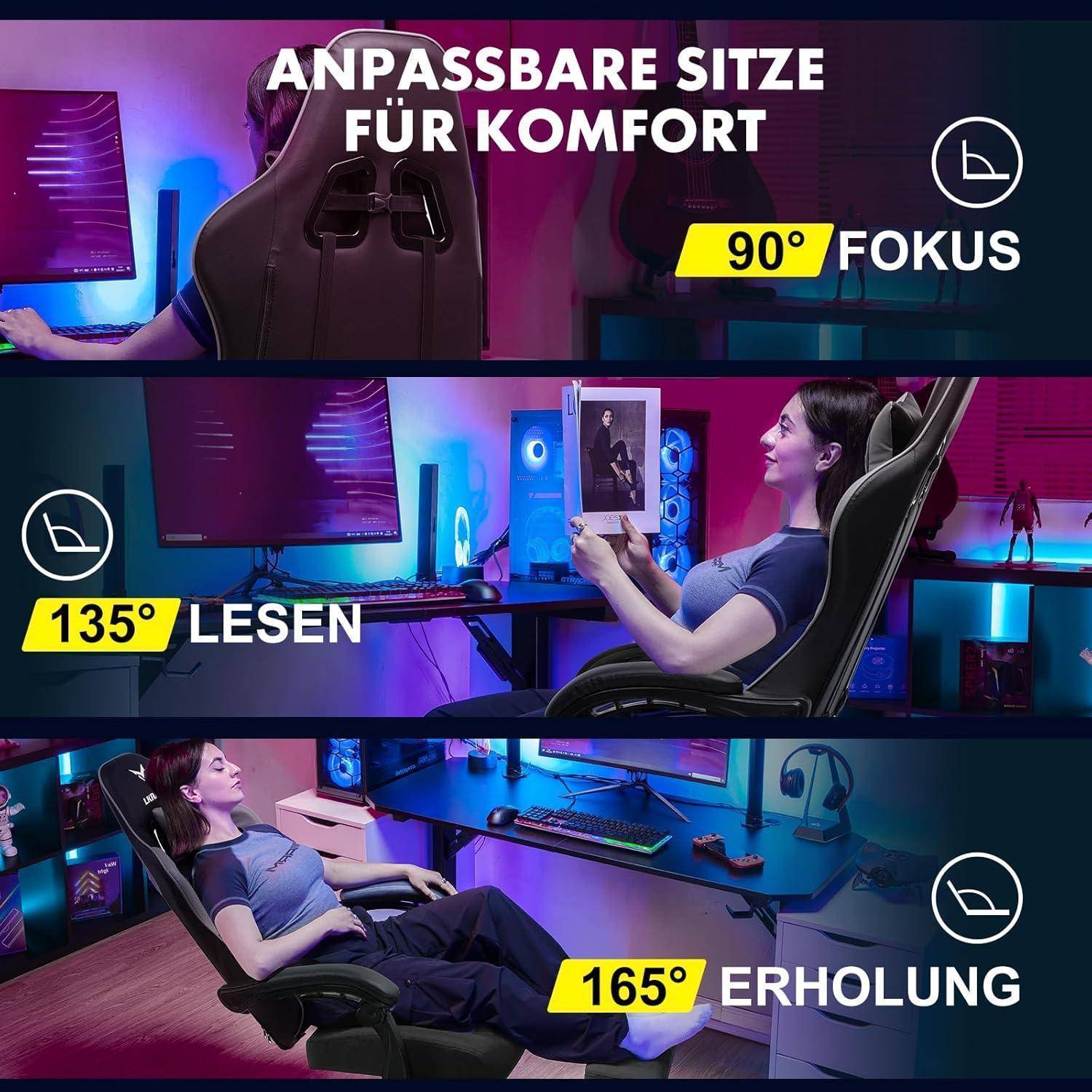 Drei Bilder zeigen eine Person, die einen verstellbaren Gaming-Stuhl in verschiedenen Winkeln nutzt: '90° Fokus', '135° Lesen' und '165° Erholung' für Komfort.