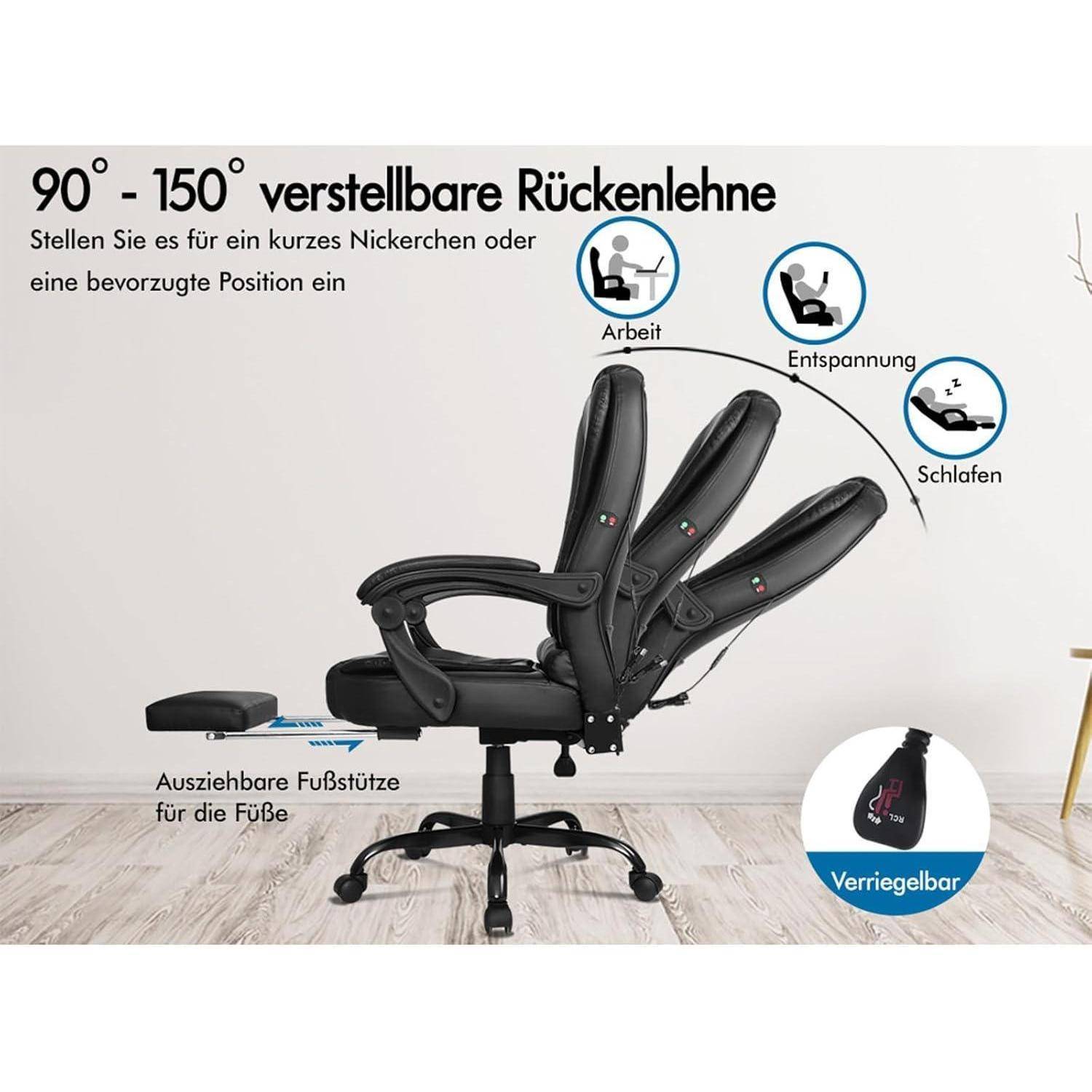 Verstellbarer Bürostuhl mit Fußstütze. Neigt sich von 90° bis 150° für Arbeit, Entspannung oder Schlaf. Verfügt über eine Arretierung für sichere Positionierung.