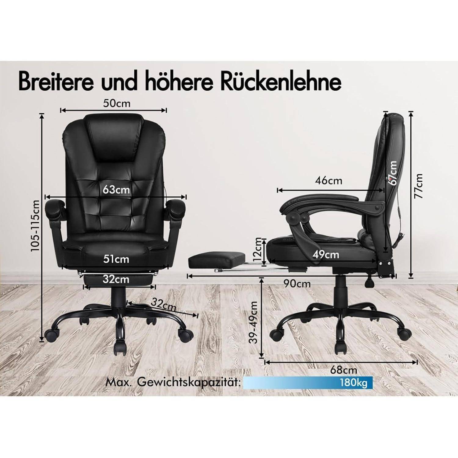 Zwei schwarze Bürostühle werden gezeigt, einer aufrecht und einer zurückgelehnt mit ausgefahrener Fußstütze. Maßangaben zeigen Größe und Tragfähigkeit an.