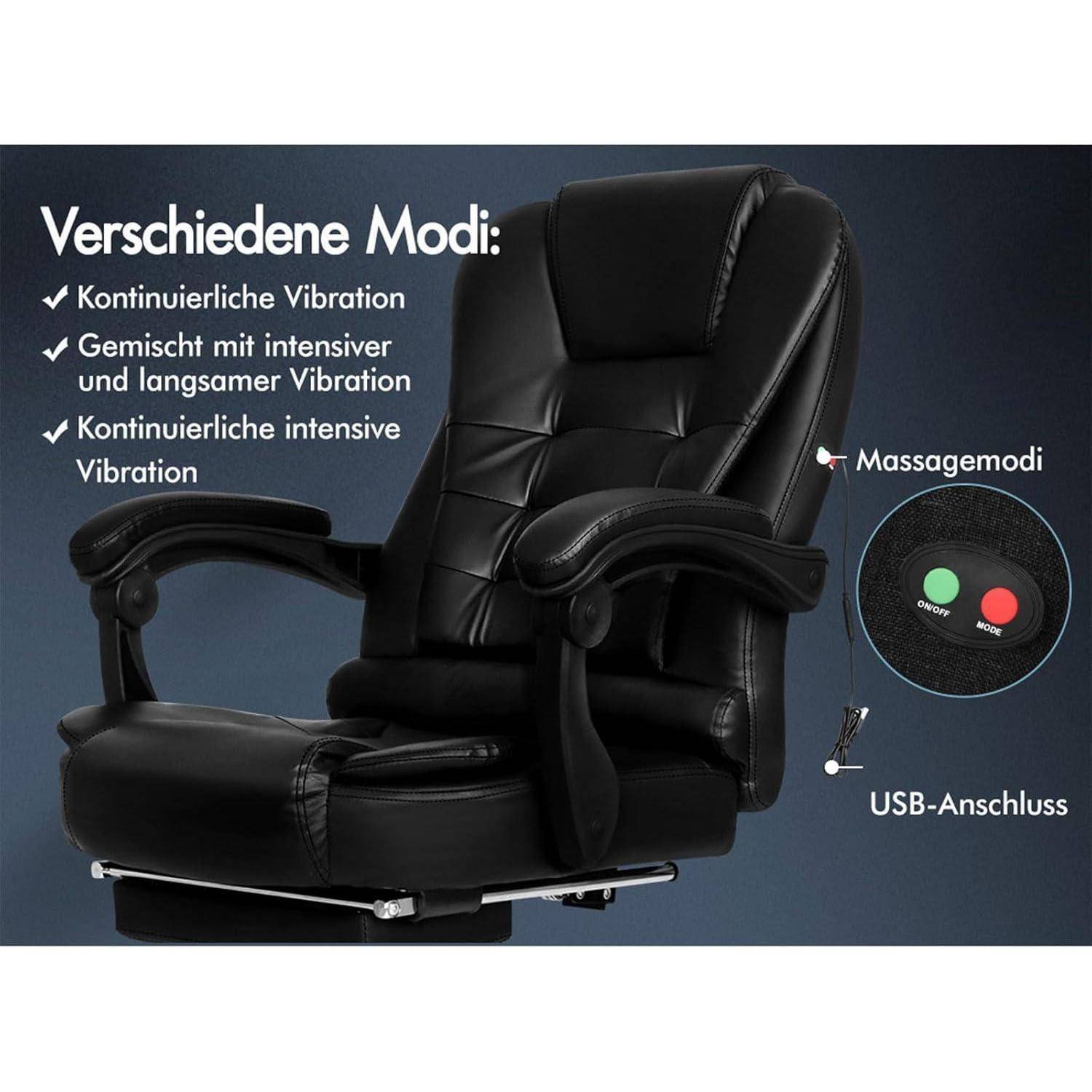 Ein schwarzer Massagesessel mit Steuerungselementen für kontinuierliche, gemischte und intensive Vibrationsmodi. USB-Anschlüsse sichtbar. Deutscher Text zur Erklärung der Modi.