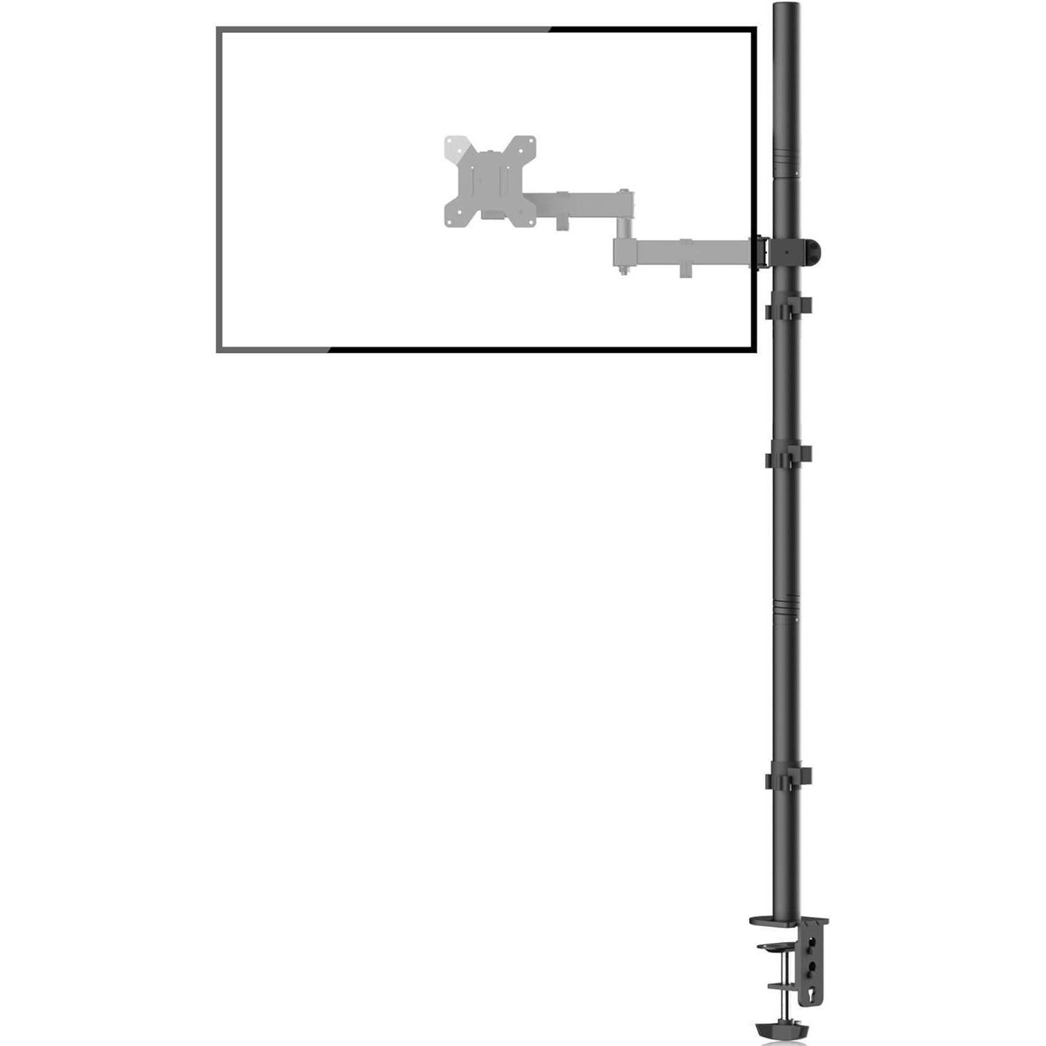 Höhenverstellbarer Monitorarm mit Tischklemme, Seitenansicht, der eine Klemmhalterung und zwei Drehpunkte zur Höhen- und Winkelverstellung zeigt.