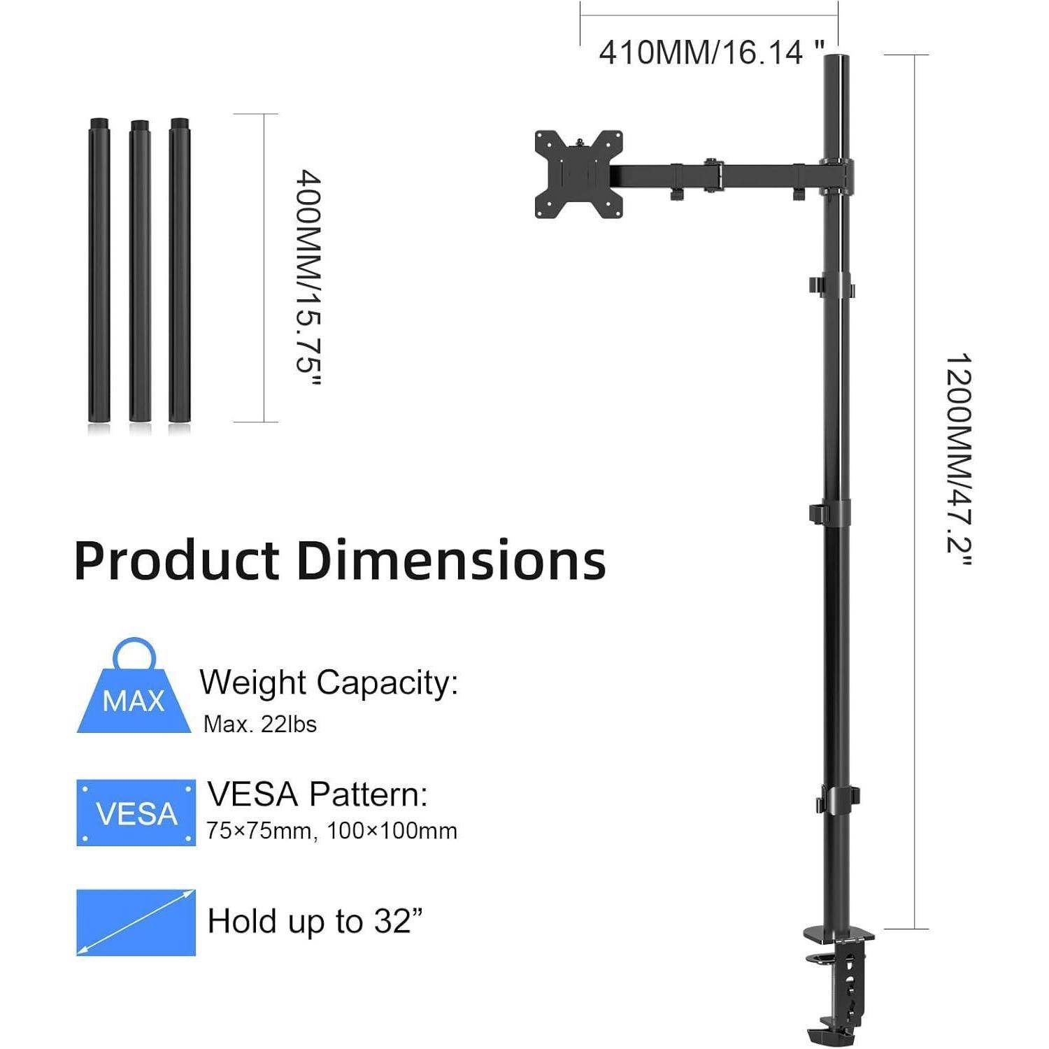Monitorhalterung Darstellung mit Maßen: vertikale Höhe 1200mm/47,2