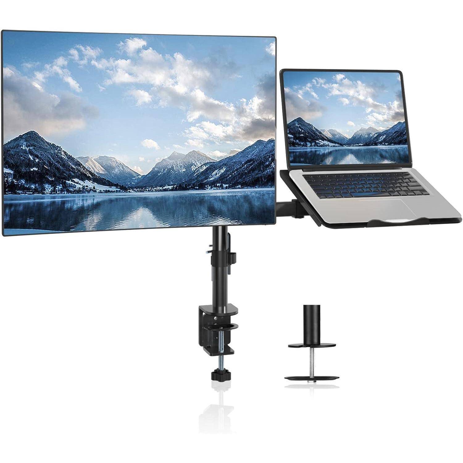 Doppelmonitorständer, der einen Monitor und einen Laptop nebeneinander hält, beide mit einer Landschaft aus Bergen und einem See.