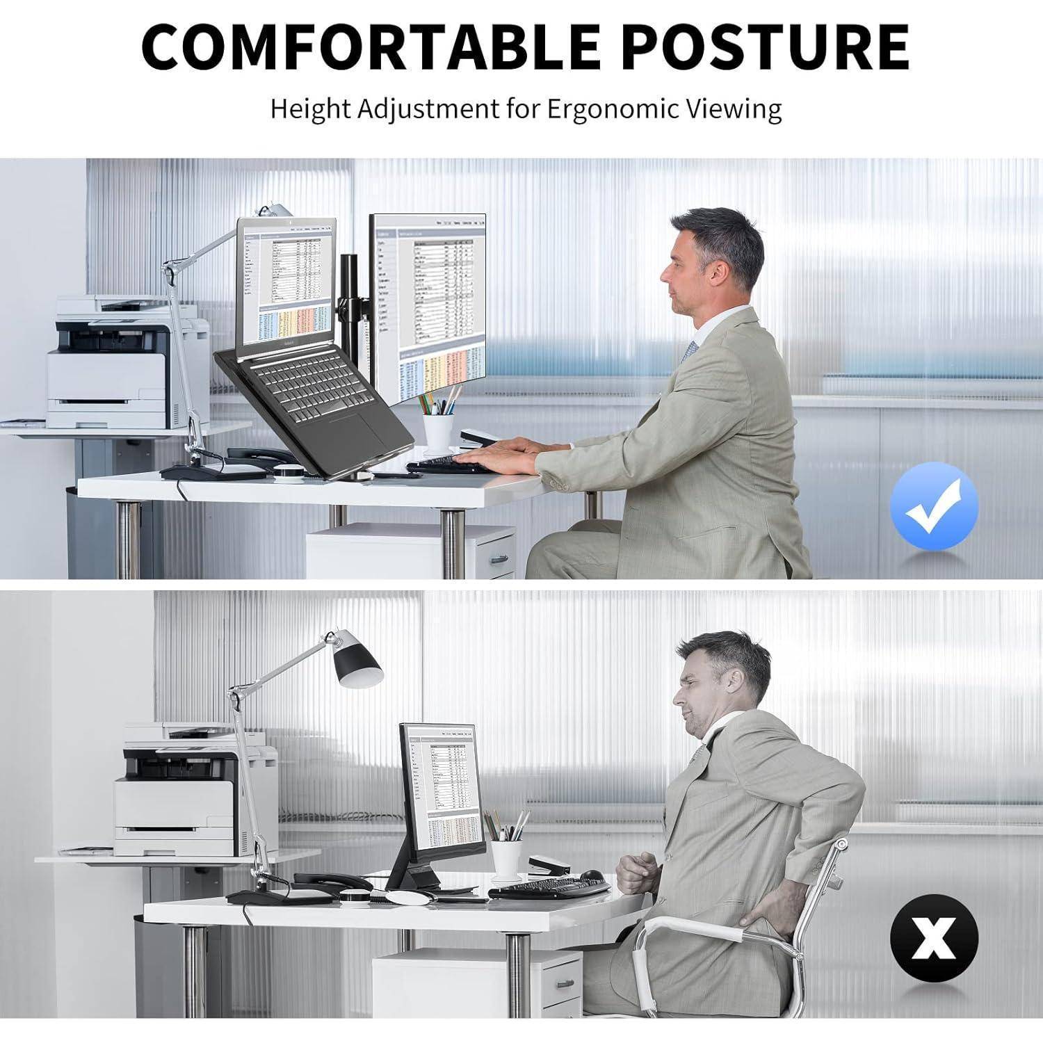 Ergonomische Sitzhaltung - Infografik, die eine ergonomische (oberes Bild, korrekte Haltung mit Bildschirm auf Augenhöhe) und eine nicht-ergonomische (unteres Bild, falsche Haltung mit gebeugter Körperhaltung und niedrig positioniertem Bildschirm) Arbeitsplatzgestaltung vergleicht.