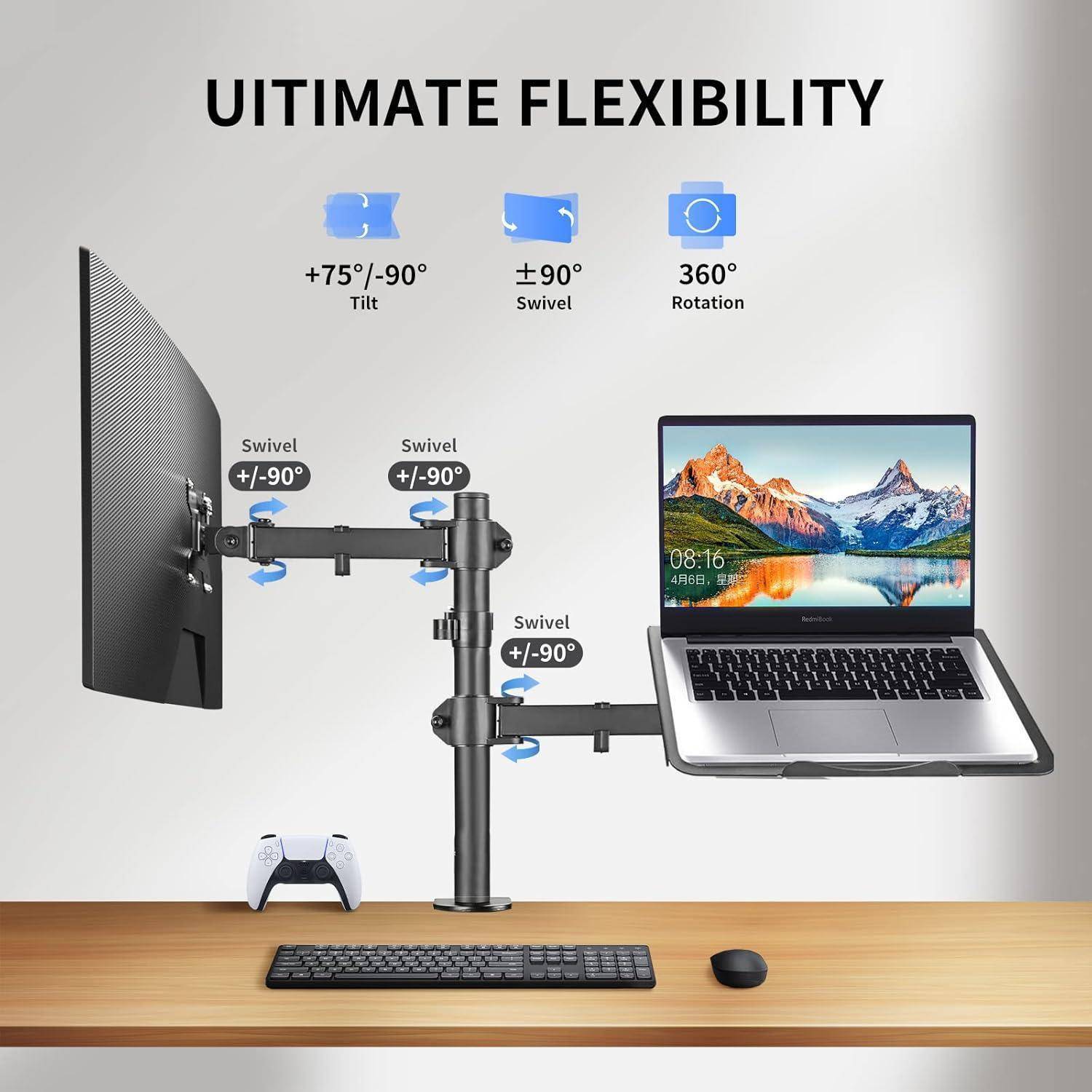 Dualer Monitor- und Laptop-Ständer, der 'Ultimative Flexibilität' demonstriert, mit verstellbarer Neigung, Drehung und Rotation für ergonomische Arbeitsplatzeinrichtungen.