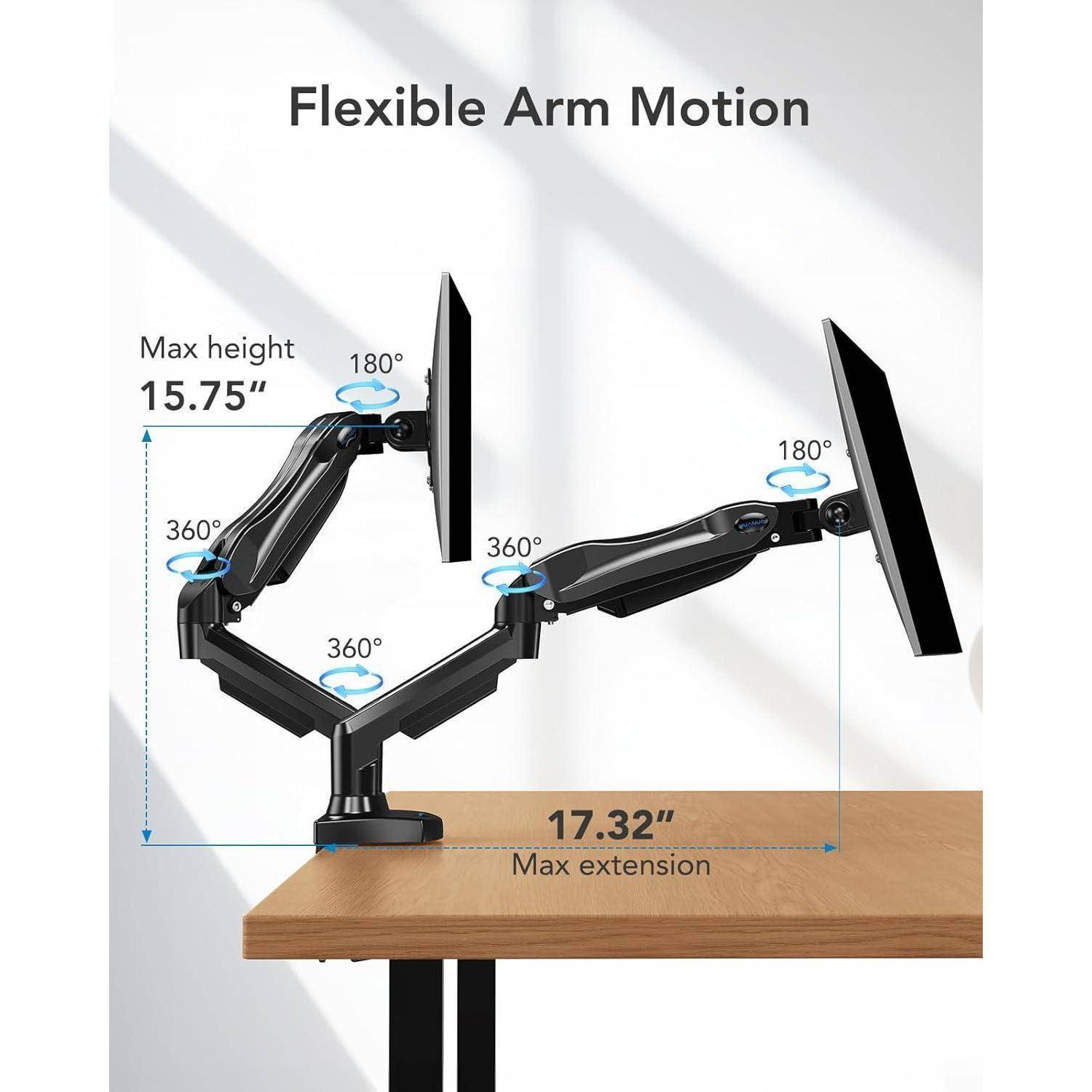 Doppelmonitor-Ständer mit 'Flexibler Armbewebung', einstellbar, mit demonstrierten Rotationswinkeln, maximaler Höhe von 15,75 Zoll und maximaler Ausfahrlänge von 17,32 Zoll.