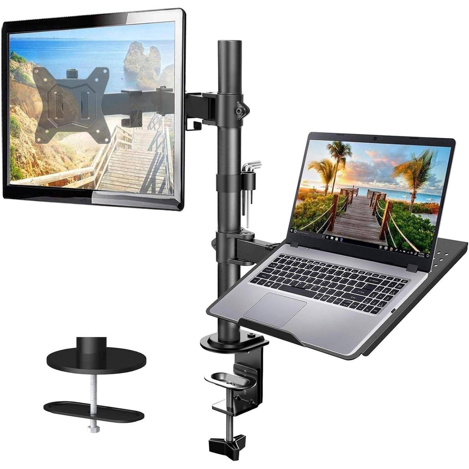 Ein Ständer für zwei Monitore und einen Laptop mit verstellbaren Armen, der einen Monitor und einen geöffneten Laptop hält, die beide eine Szenerie eines Gehstegs anzeigen.