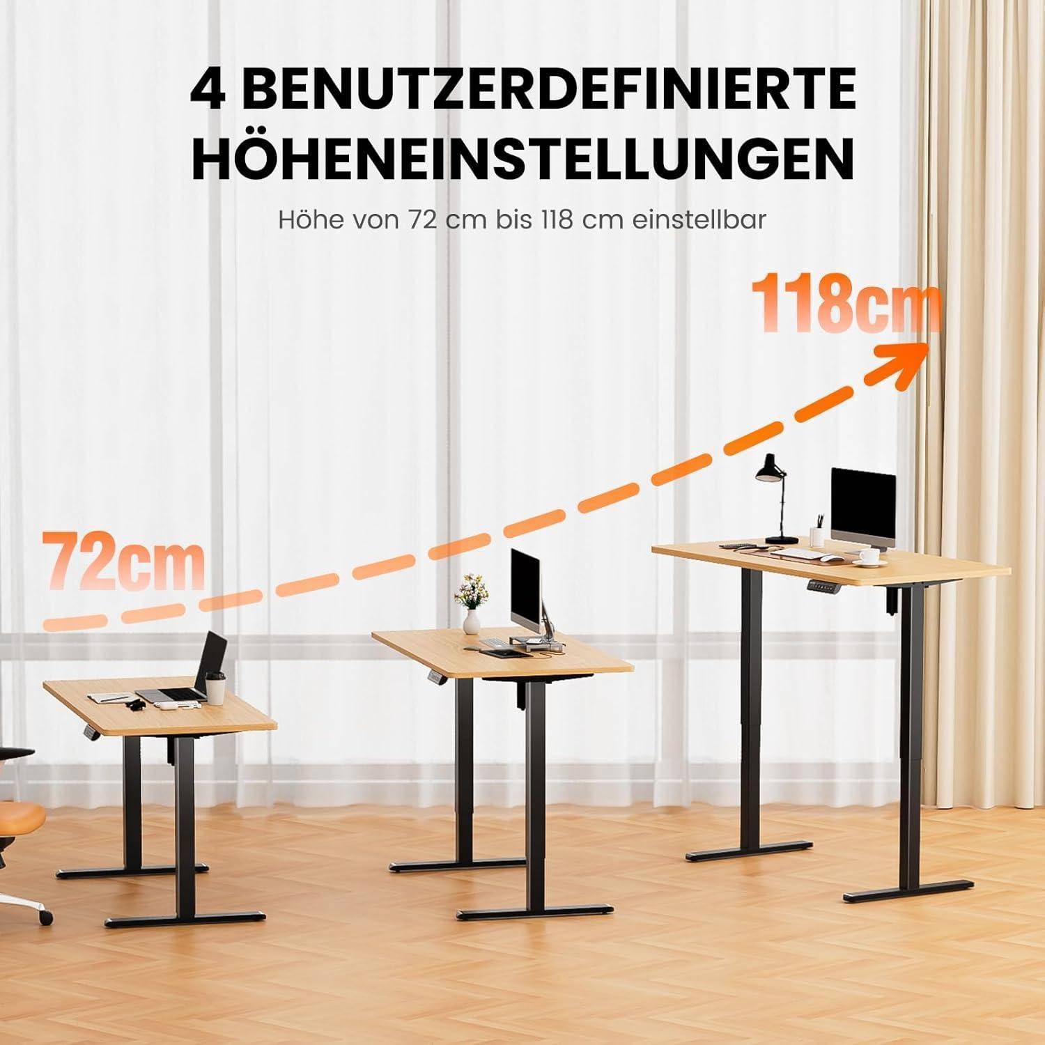 Zwei höhenverstellbare Schreibtische, einer bei 72 cm und der andere bei 118 cm Höhe, mit Computern darauf. Text darüber liest: '4 benutzerdefinierte Höheneinstellungen.