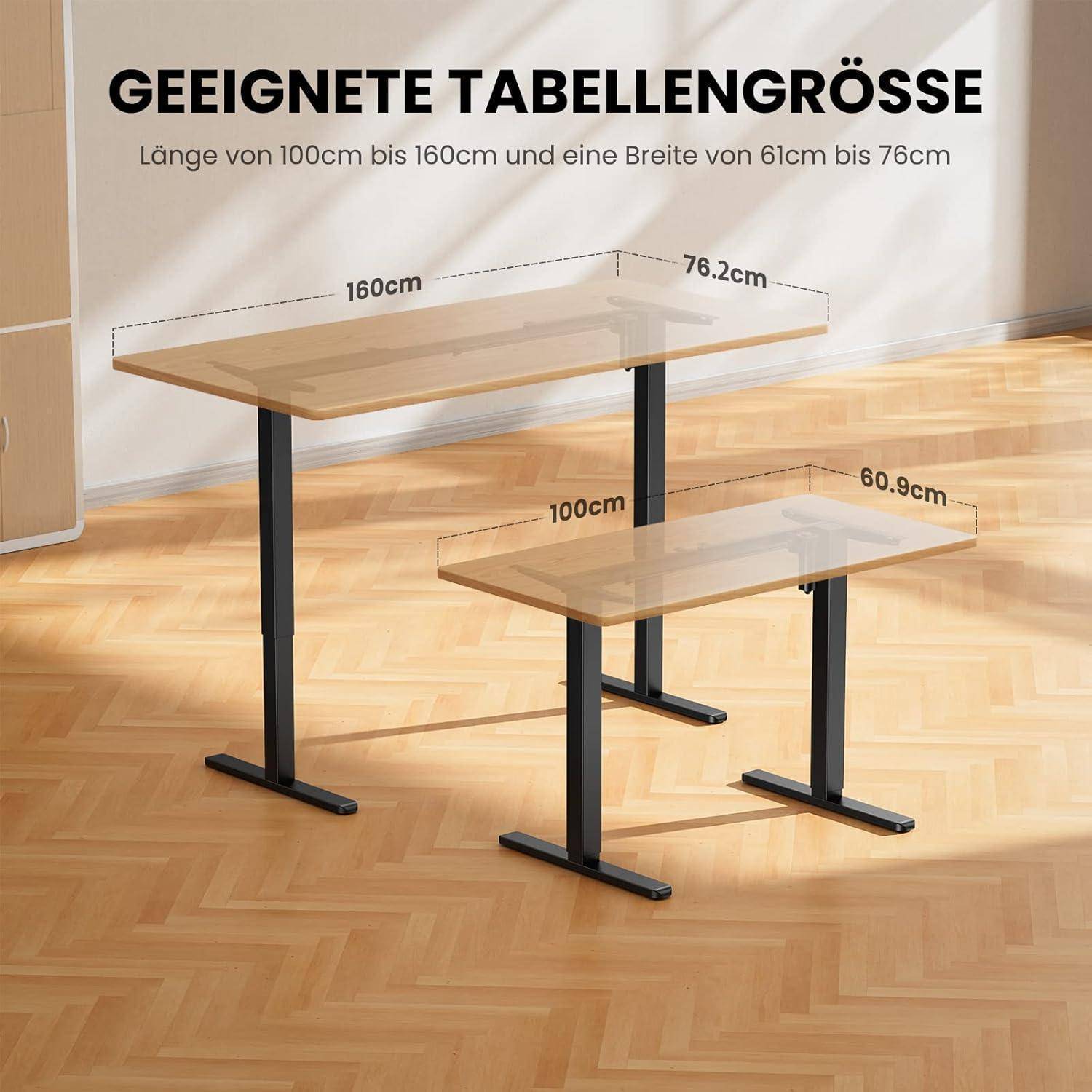 Zwei Tische unterschiedlicher Größe auf einem Holzboden. Der größere Tisch misst 160 cm x 76,2 cm und der kleinere 100 cm x 60,9 cm.