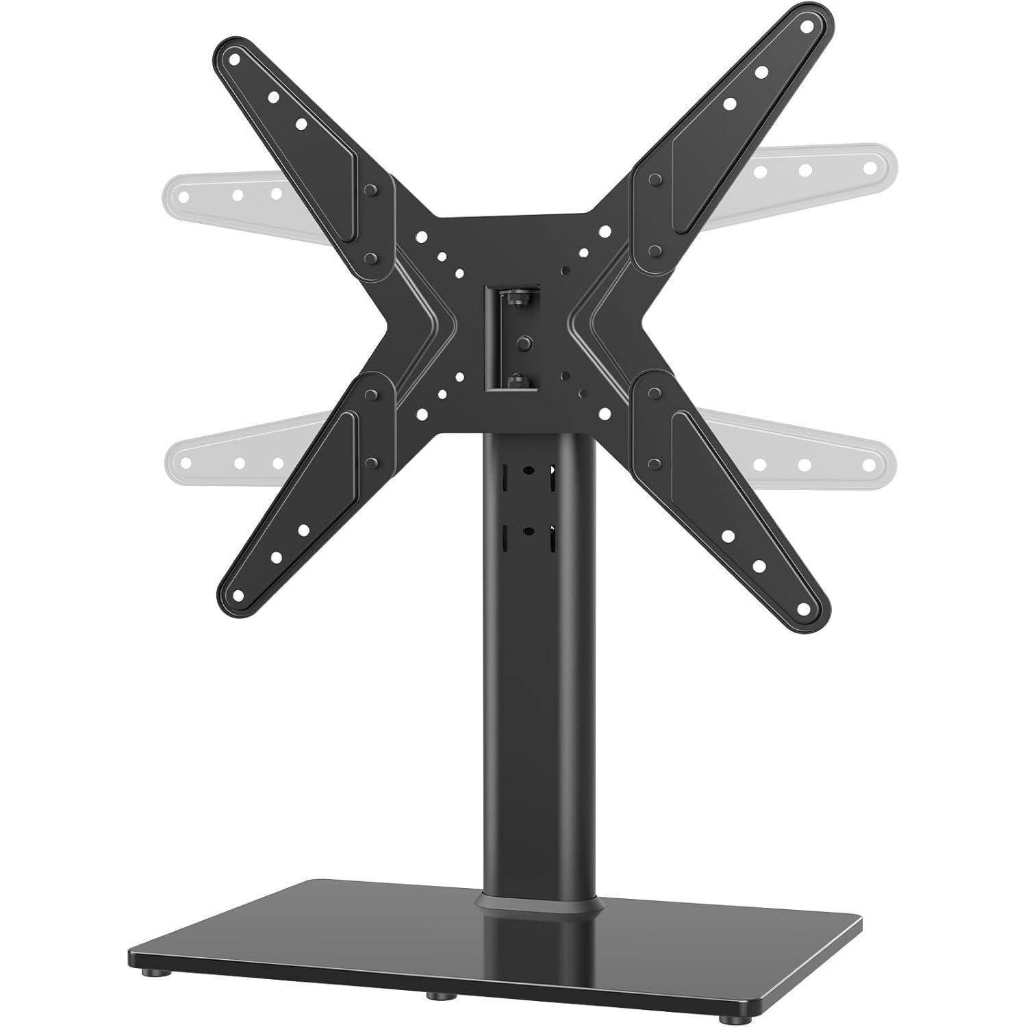 Eine schwarze, höhenverstellbare TV-Halterung mit einer stabilen Basis und mehreren Schwenkrarmen für vielseitige Bildschirmpositionierung.