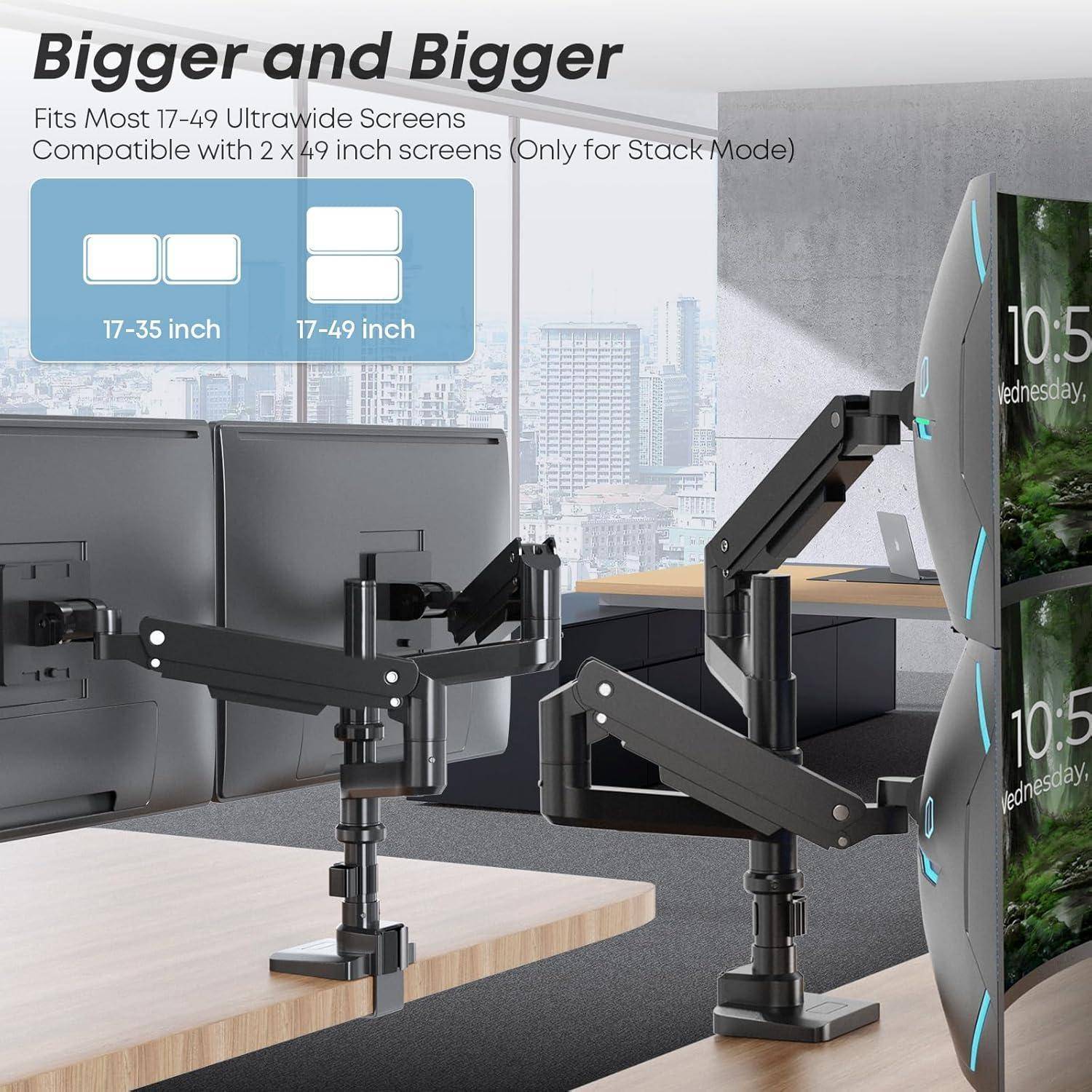 Größer und Größer Monitor-Setup mit zwei verstellbaren Armen, passt für Bildschirme von 17-49 Zoll, kompatibel mit zwei 49-Zoll-Monitoren im Stapelmodus.