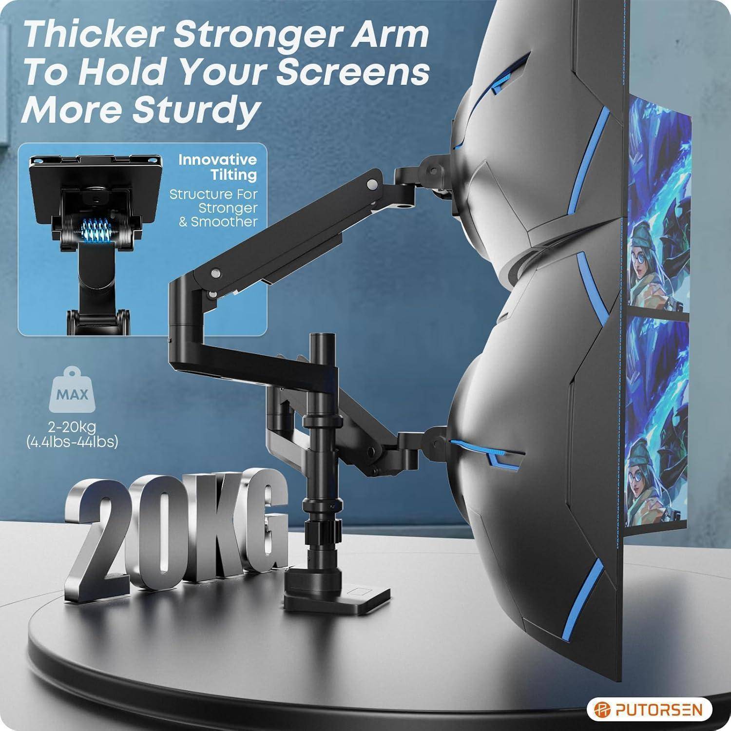 Monitorarm für zwei Bildschirme, wirbt mit 'Stabilerer und stärkerer Arm zum sicheren Haltern Ihrer Bildschirme' mit einer maximalen Tragfähigkeit von 20 kg.