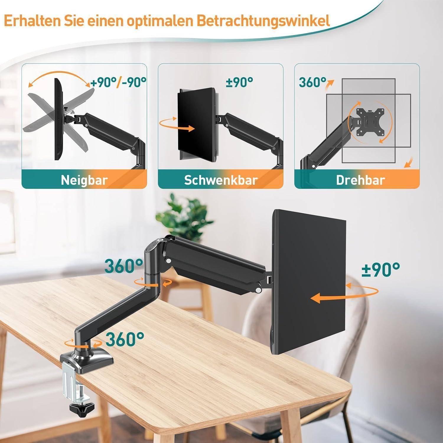 Verstellbarer Monitorarm, der Rotations-, Neige- und Schwenkfunktionen für optimale Sichtwinkel veranschaulicht, dargestellt in einer Tischarbeitsplatz-Konfiguration.