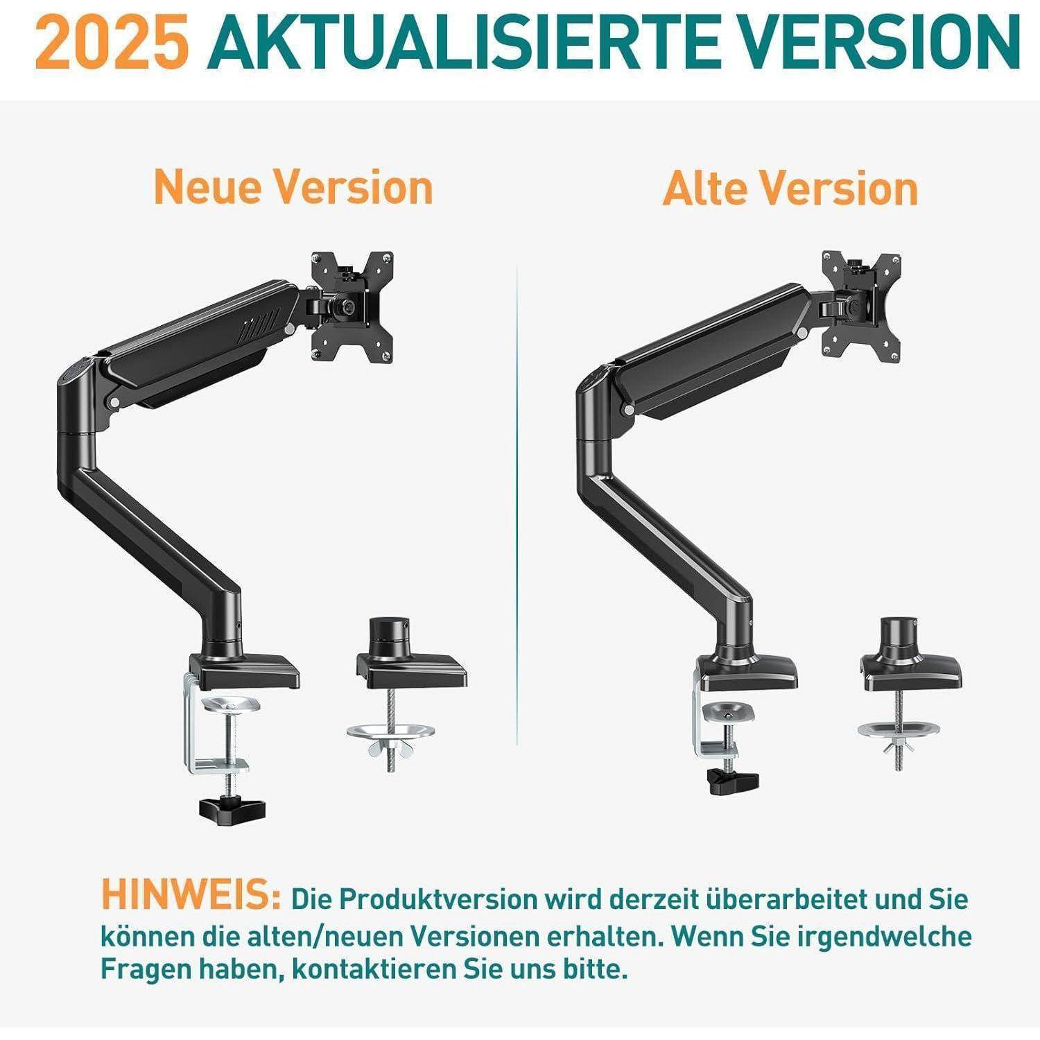 2025 Aktualisierte Version' Arm-Halterungsvergleich: 'Neue Version' links, 'Alte Version' rechts. Hinweis zu Produktaktualisierungen unten.