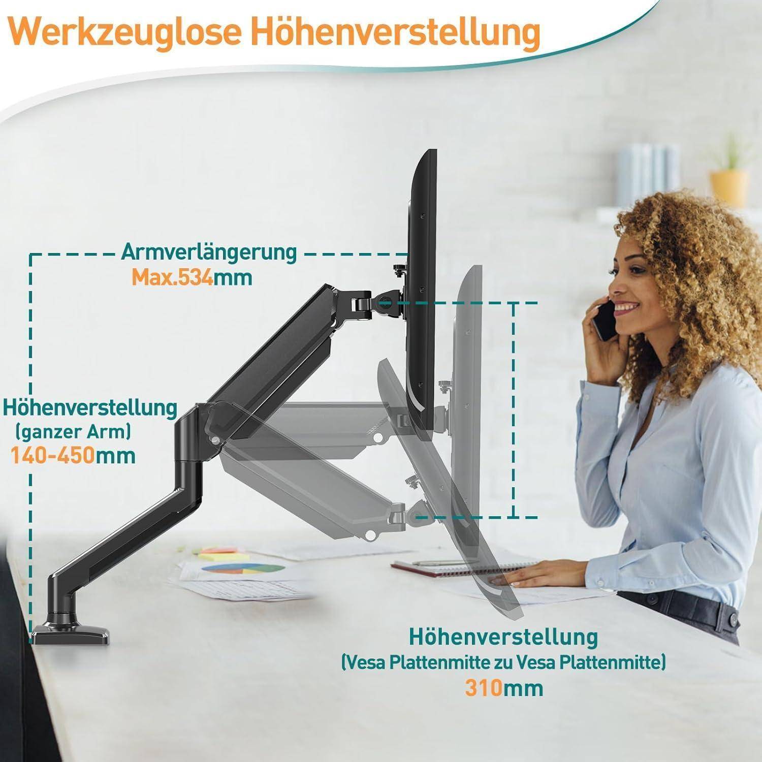 Eine Frau sitzt an einem Schreibtisch, telefoniert und blickt auf einen Monitor, der an einem flexiblen Armständer montiert ist. Die Abbildung zeigt Details zur Höhenverstellung.