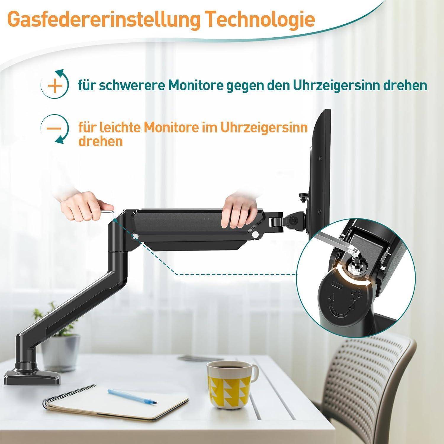 Anleitung zur Gasfeder-Einstellung für Monitorarm: Drehen Sie gegen den Uhrzeigersinn für schwerere Monitore, im Uhrzeigersinn für leichtere Monitore.