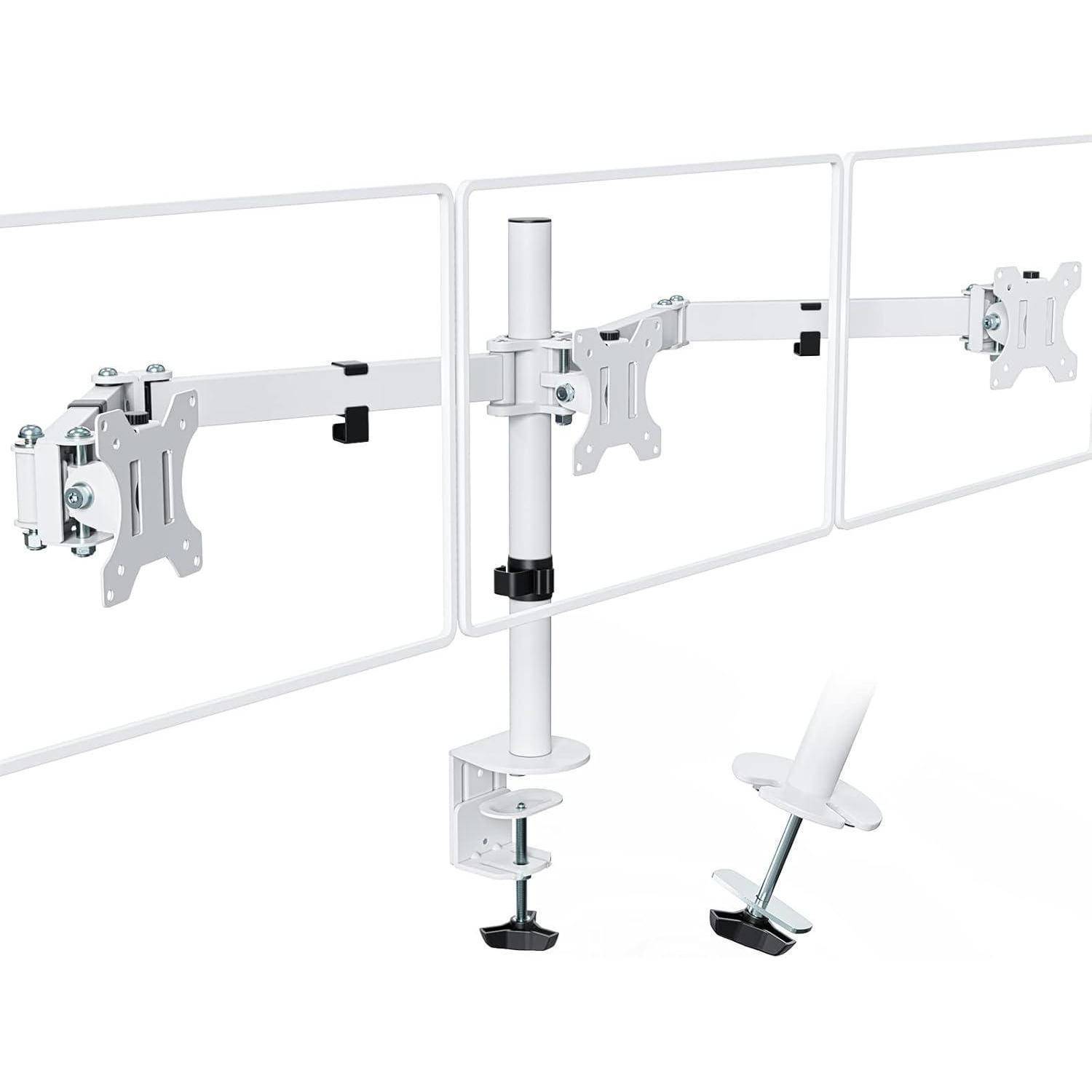 Weiße Dual-Monitor-Halterung mit verstellbaren Armen und robuster Klemmhalterung für Stabilität auf Schreibtischen. Geeignet für ergonomische Einrichtungen.