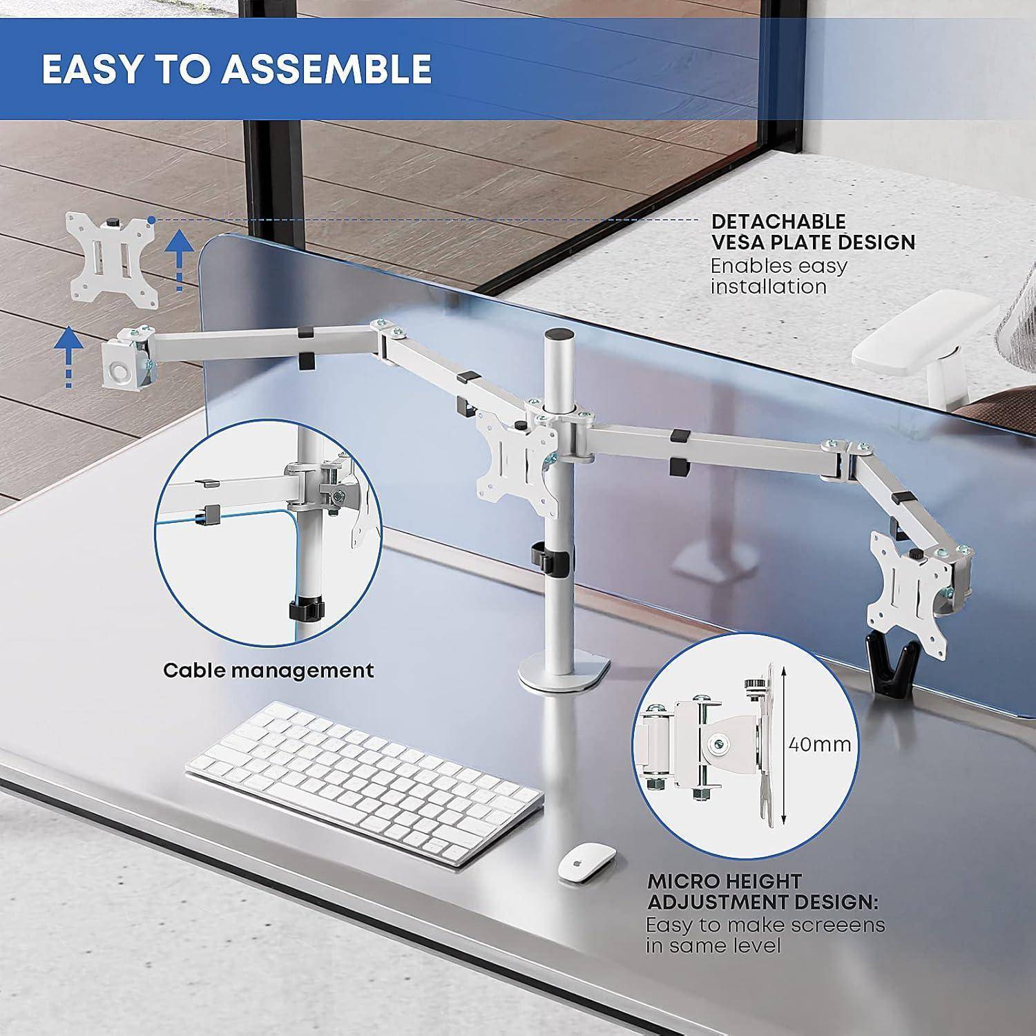 Doppel-Monitorarm mit abnehmbaren VESA-Platten für einfache Installation, mit Kabelverwaltung und Mikro-Höhenverstellung zur Bildschirmausrichtung.