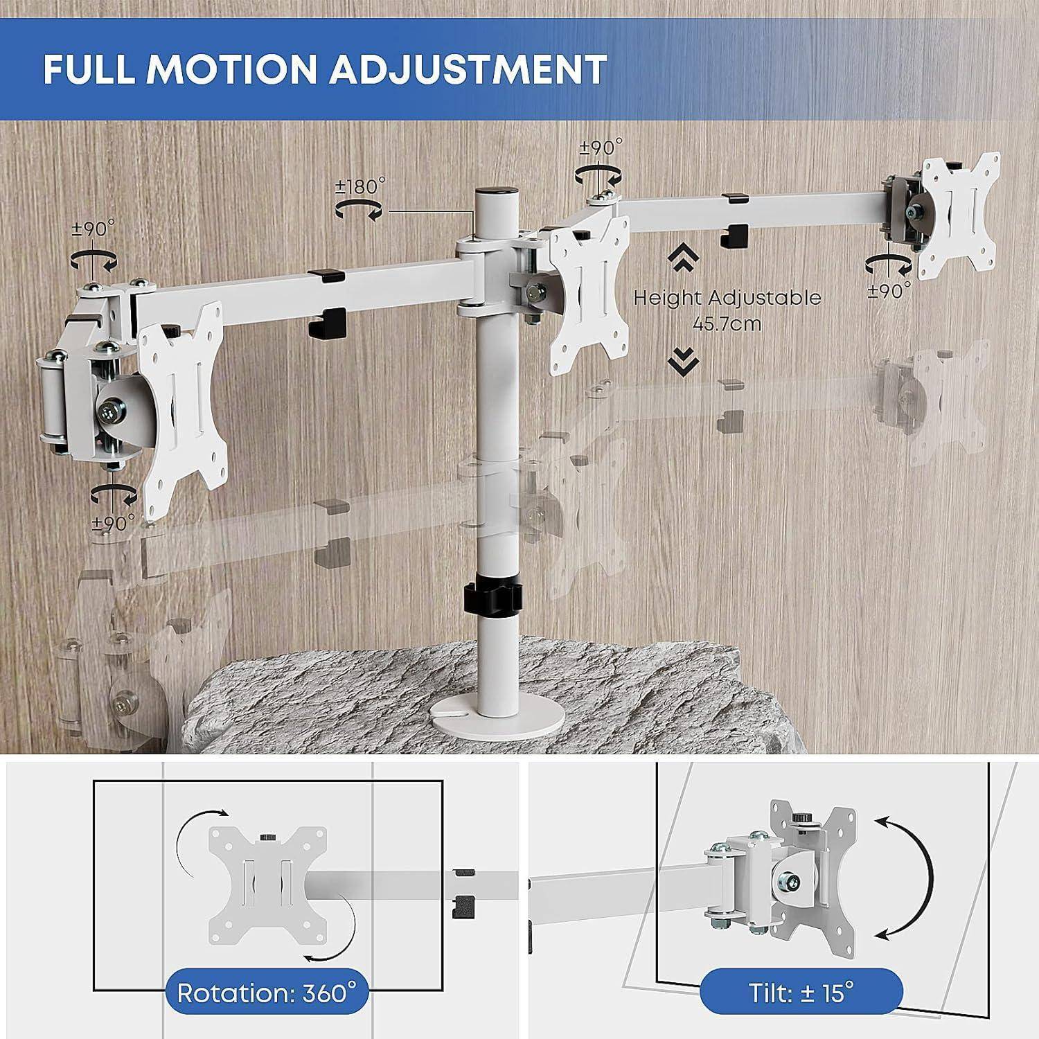 Monitorarm mit 'Full Motion Adjustment' mit Drehung (360°), Neigung (±15°) und Höhenverstellbarkeit (45,7 cm), der an einem Schreibtisch montiert gezeigt wird.