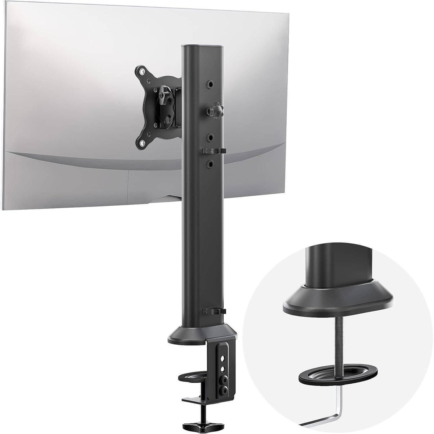 Ein Schreibtisch-Monitorhalter mit zwei Armen wird gezeigt, ausgestattet mit einer schwenkbaren VESA-Platte, einer Klemmhalterung und einer Kabelverwaltungsfunktion, entwickelt für eine ergonomische Bildschirmpositionierung.