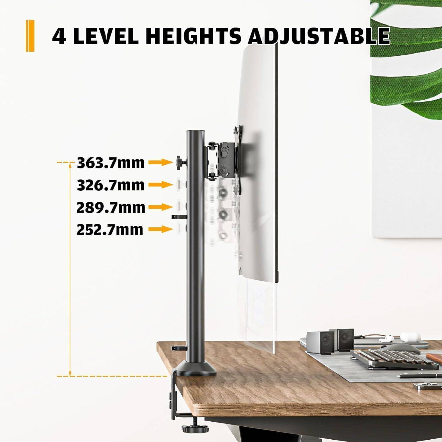 Ein Schreibtisch-Monitorarm mit vier verstellbaren Höhenstufen: 252,7 mm, 286,7 mm, 319,7 mm und 363,7 mm. Eine Tastatur und ein Notizbuch befinden sich auf dem Schreibtisch.