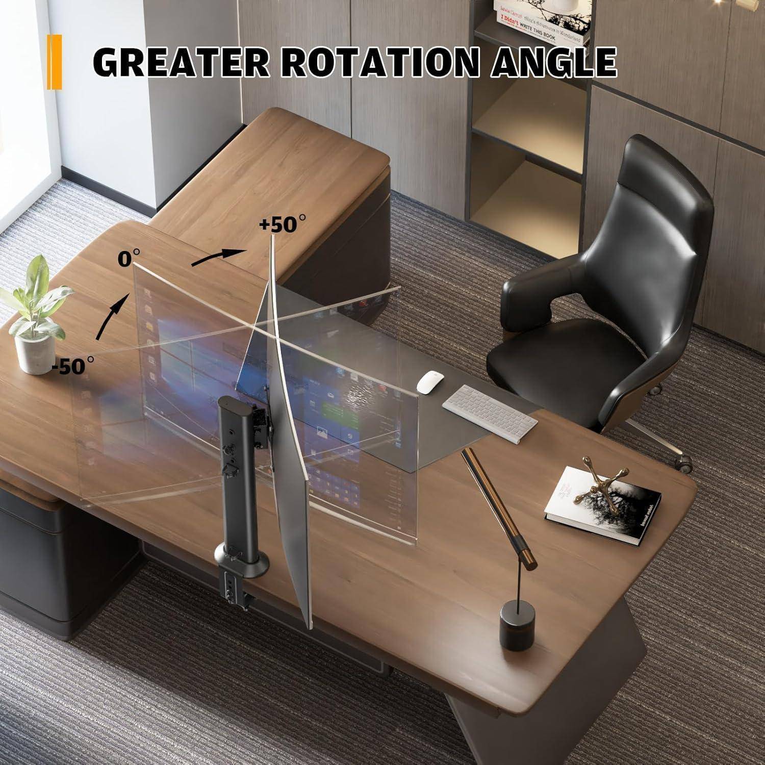 Büro-Schreibtischeinrichtung mit einem verstellbaren Monitorständer, der die Bildschirmrotation zwischen -50° und +50° ermöglicht. Text lautet 'Größerer Rotationswinkel'.