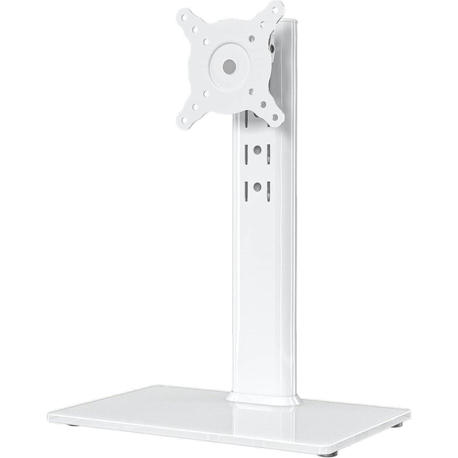 Ein weißer, verstellbarer Monitorständer mit quadratischer Basis und VESA-Halterung, geeignet zum Halten eines Computerbildschirms oder Displays.