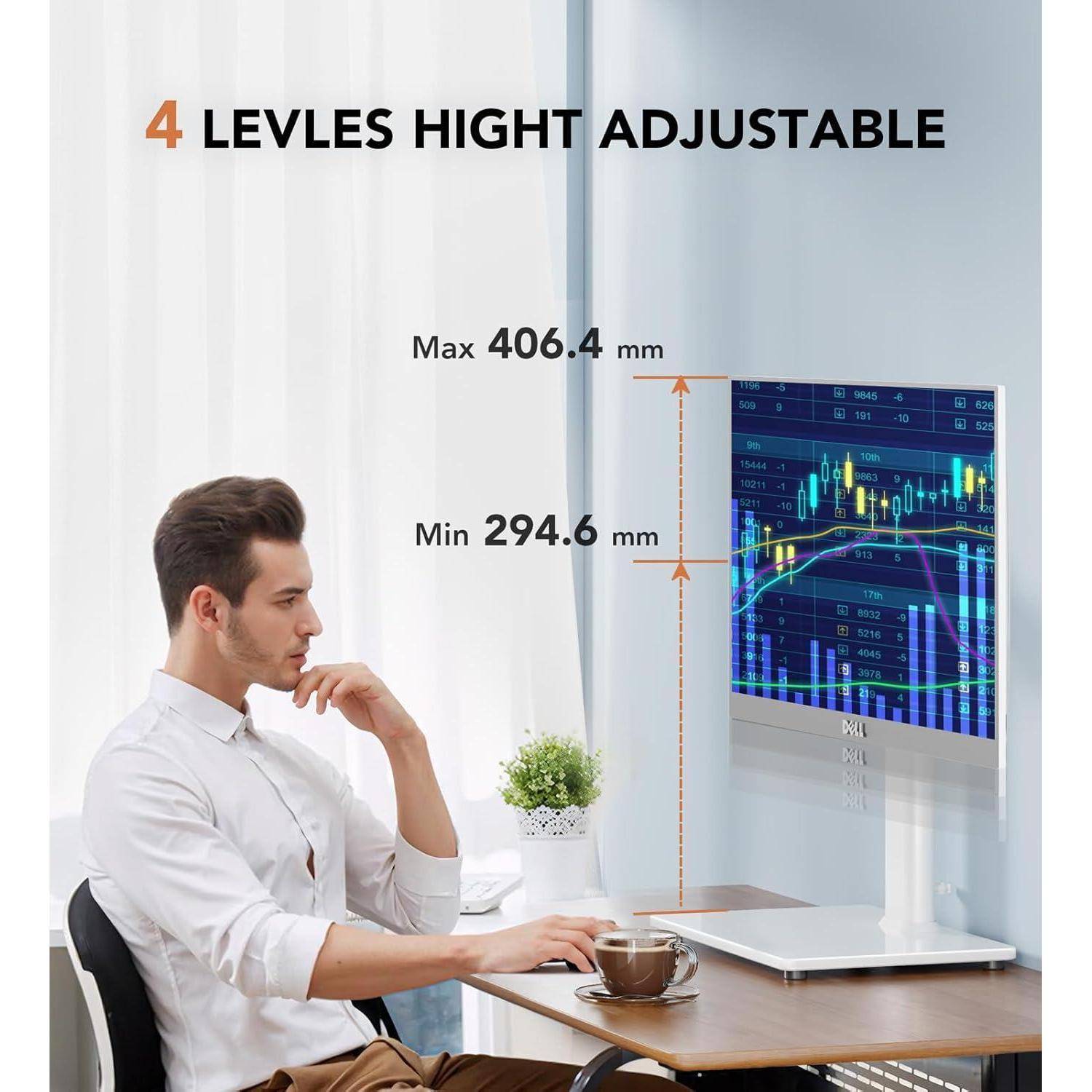 Eine Person, die an einem Schreibtisch mit einem Monitorständer sitzt, der eine verstellbare Höhe von 294,6 mm bis 406,4 mm aufweist, und ein Monitor, der Diagramme anzeigt.