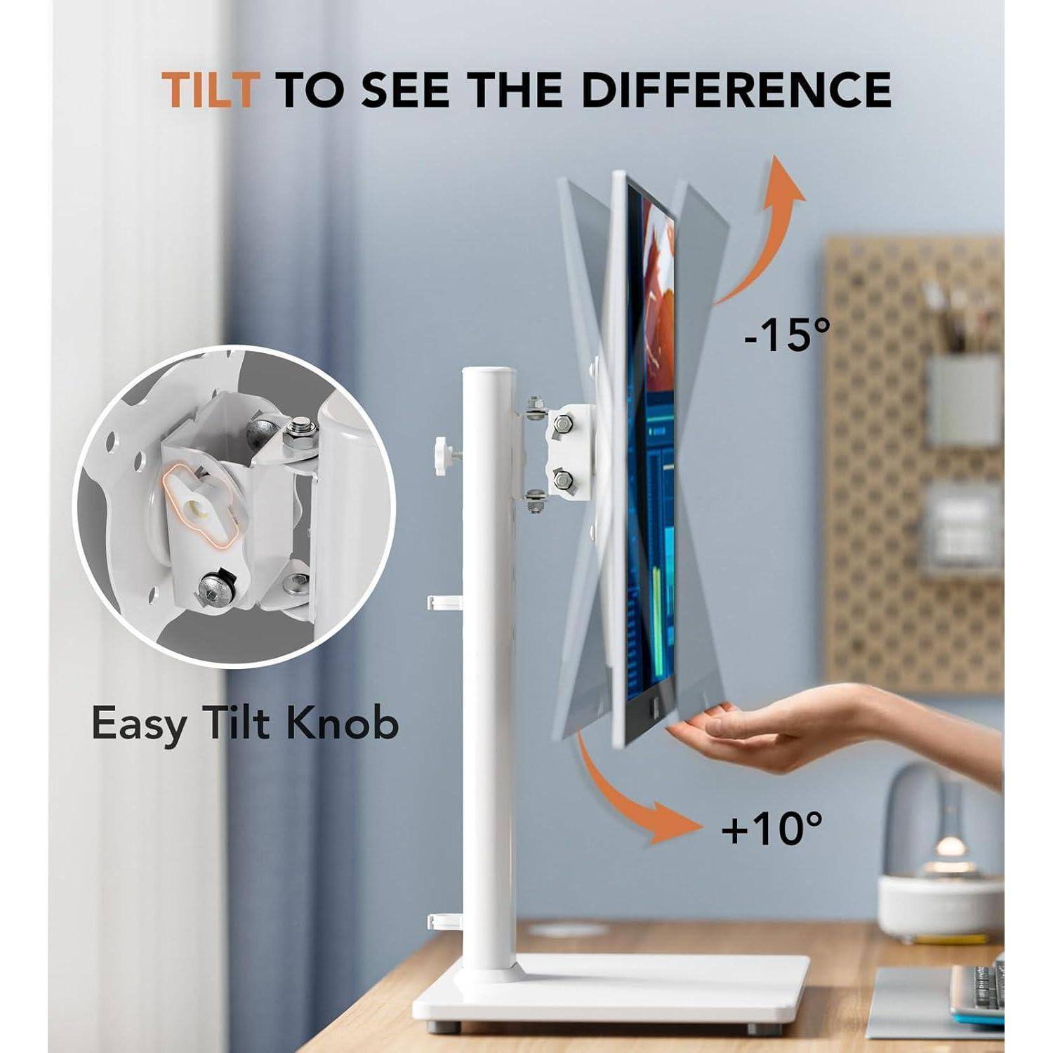 Ein Monitorständer wird gezeigt, wie er von -15° bis +10° geneigt wird. Eine Hand demonstriert die Verwendung des „Easy Tilt Knobs