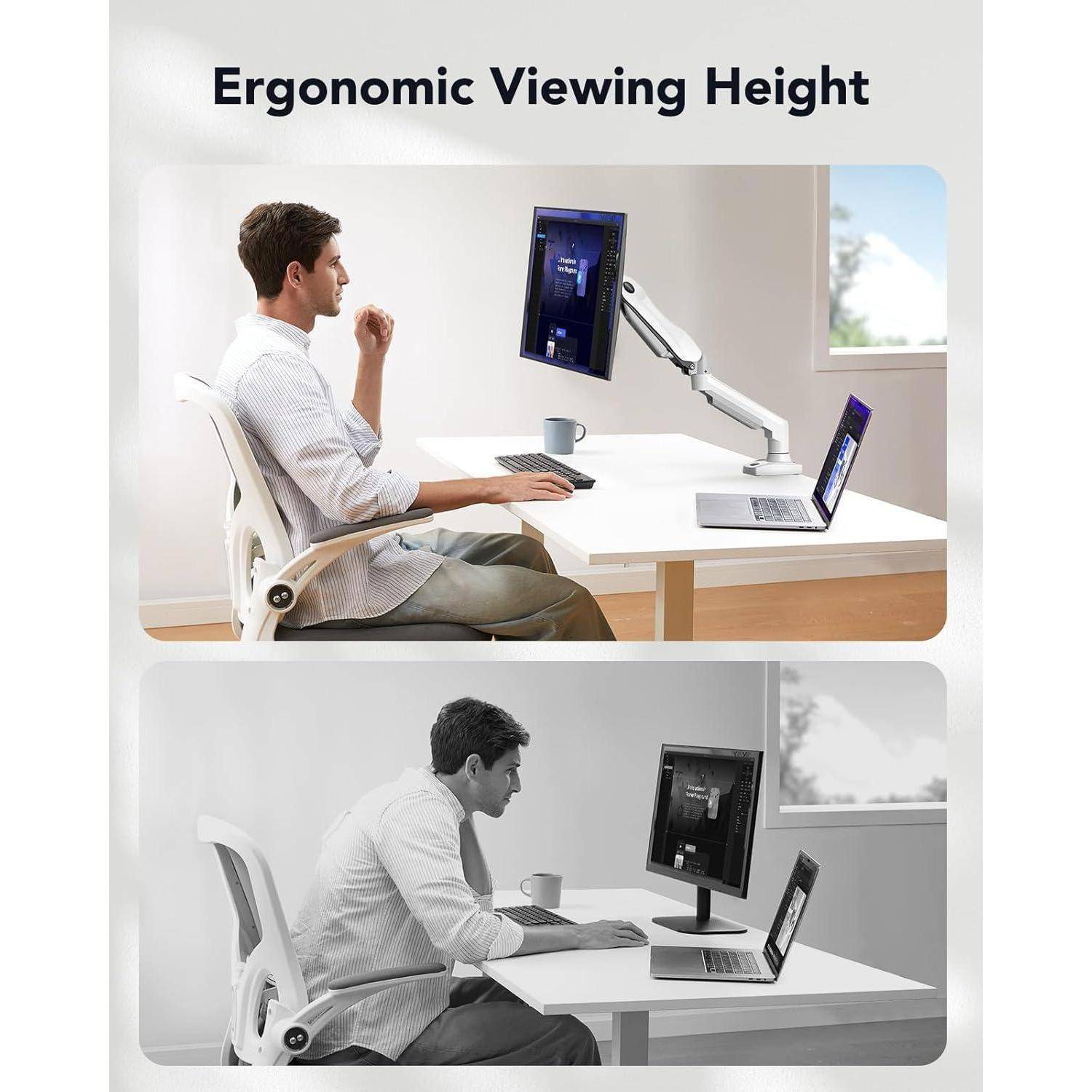 Zwei Bilder vergleichen ergonomische Schreibtischeinrichtungen. Oberes Bild: Person mit Monitor auf Augenhöhe, die einen verstellbaren Monitorarm verwendet. Unteres Bild: Person mit gebeugtem Nacken bei einem fest installierten Monitor.
