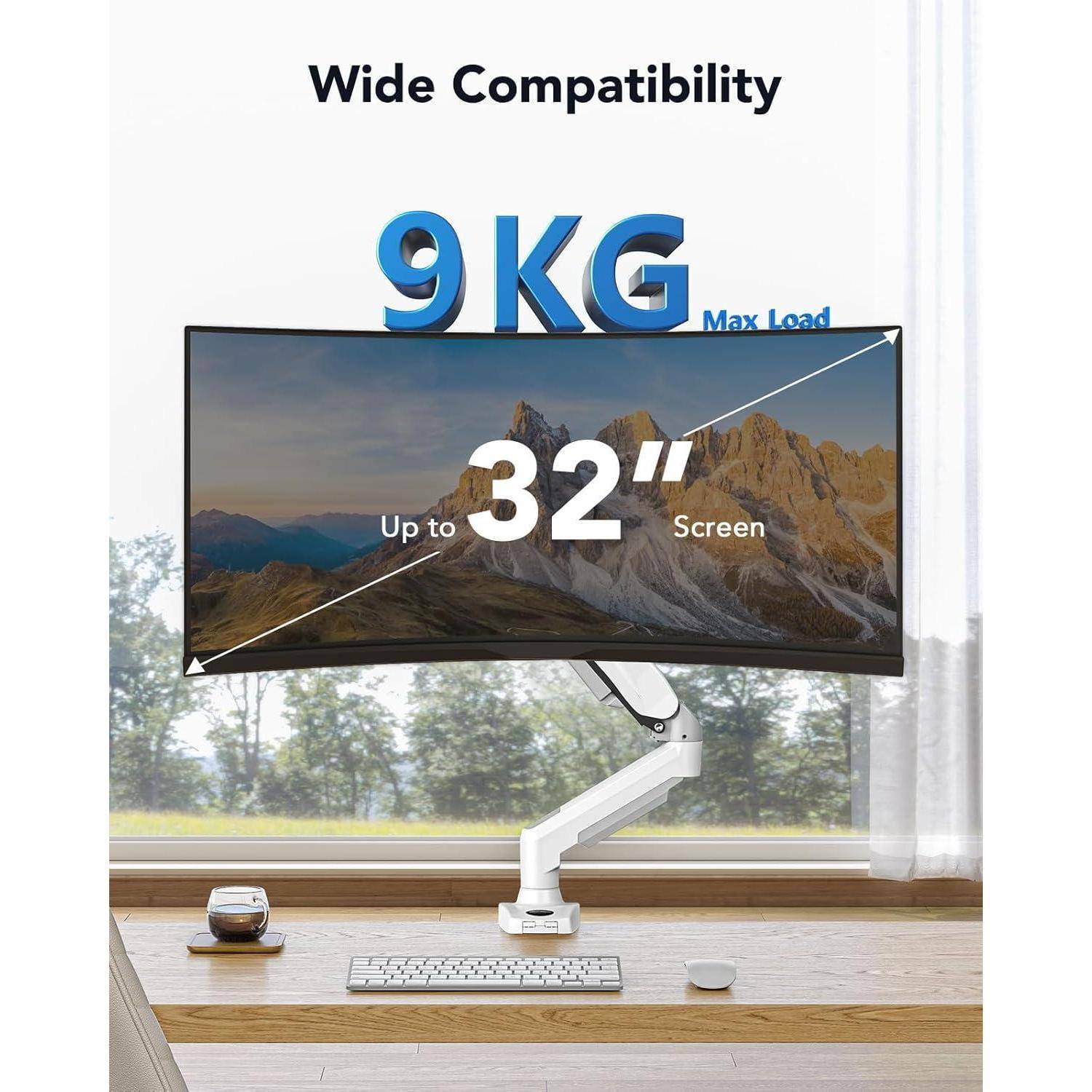 Monitor-Arm für einen Breitbildschirm, Text lautet 'Breite Kompatibilität', '9 kg maximale Belastung', 'Für Bildschirme bis zu 32 Zoll'.
