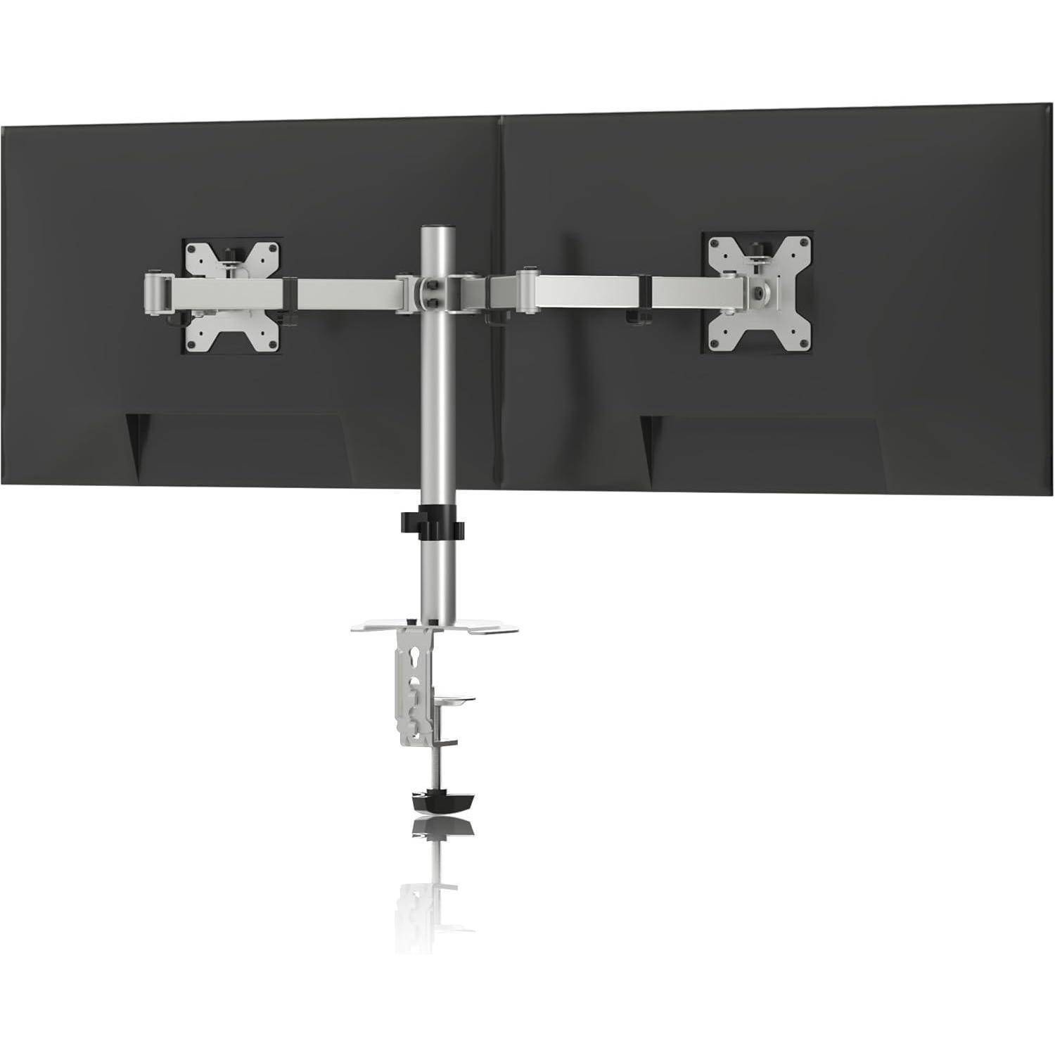 Zwei-Monitore-Schreibtischhalterung mit verstellbaren Armen in Silberfinish, die sicher an einer Schreibtischoberfläche eingeklemmt wird.