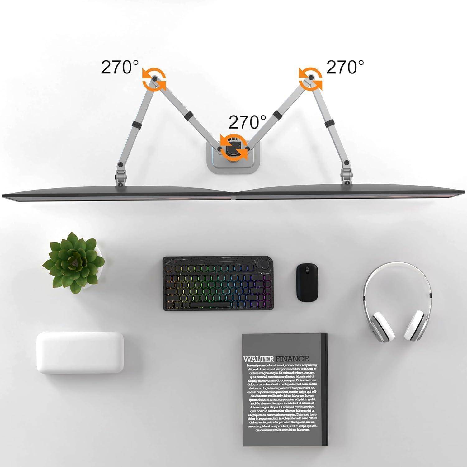 Doppelmonitor-Ständer mit 270-Grad-Drehung für jeden Arm über einem aufgeräumten Schreibtisch-Setup mit Tastatur, Maus, Buch, Kopfhörern und einer Pflanze.