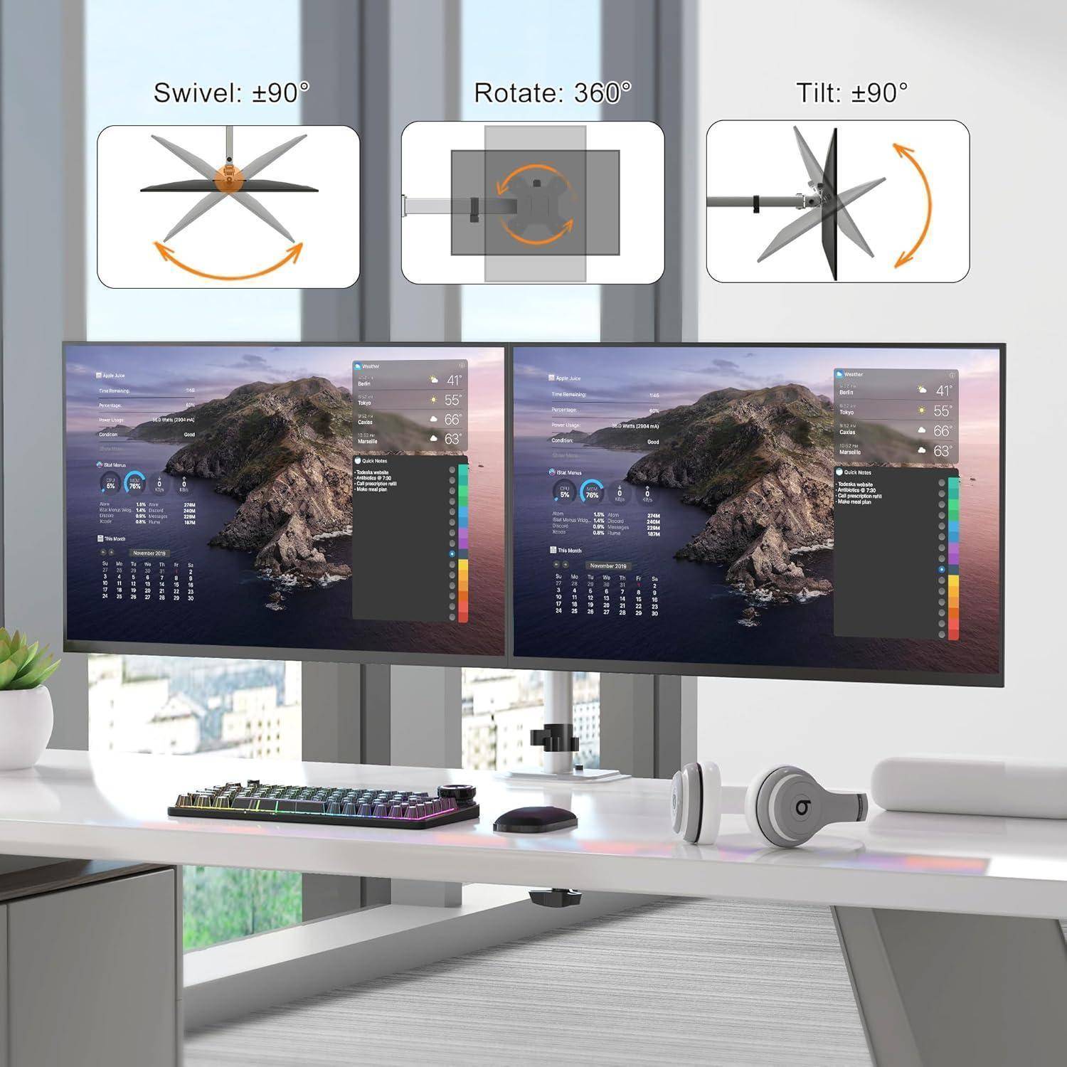 Dual-Monitor-Setup auf einem Schreibtisch mit Einstellungsanweisungen. Die Monitore zeigen eine Insellandschaft mit Überlagerungsgrafiken, die Schwenk-, Dreh- und Neigungswinkel darstellen.