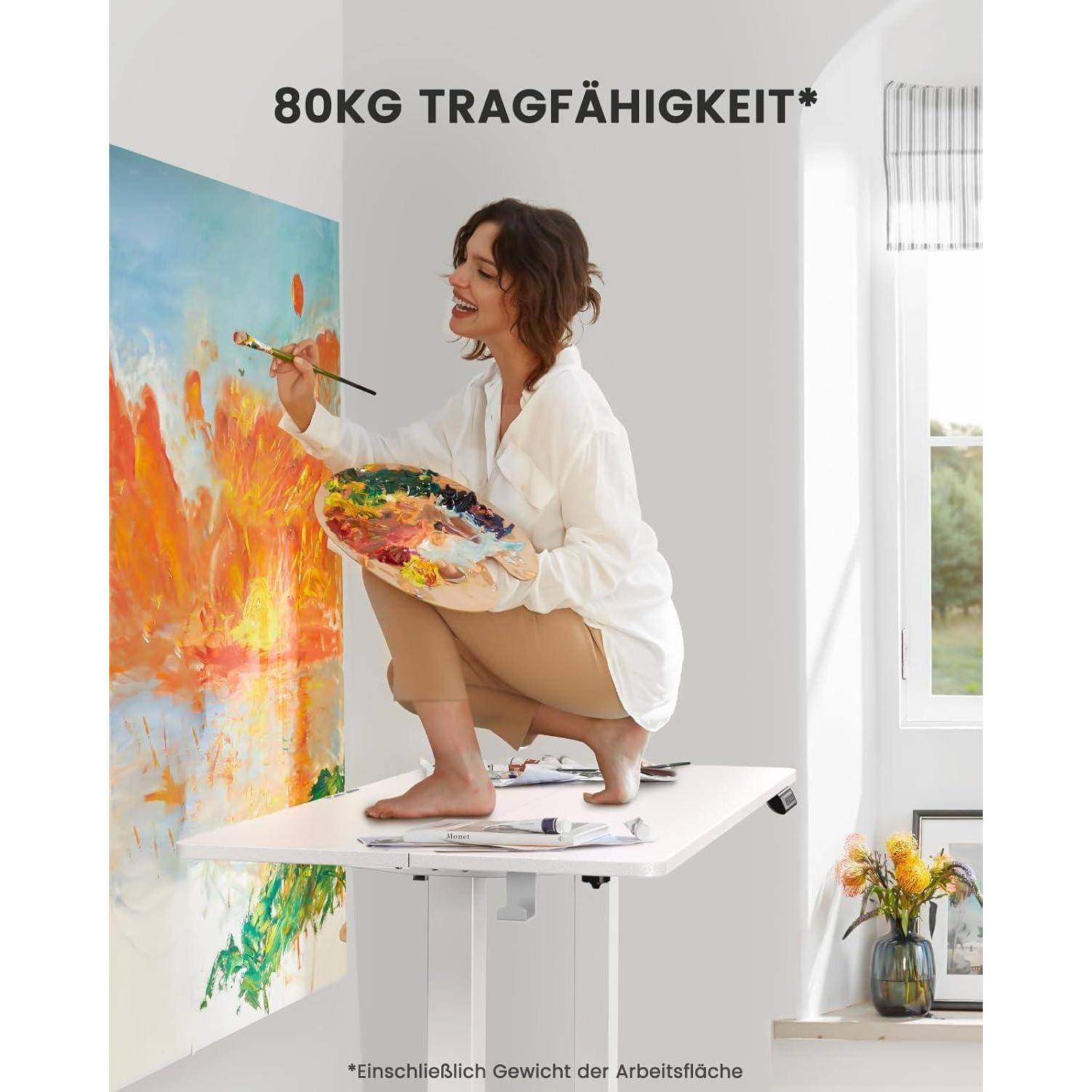 Eine Person, die an einem Schreibtisch sitzt und auf einer Leinwand malt. Text oben liest: '80 KG TRAGFÄHIGKEIT*'.