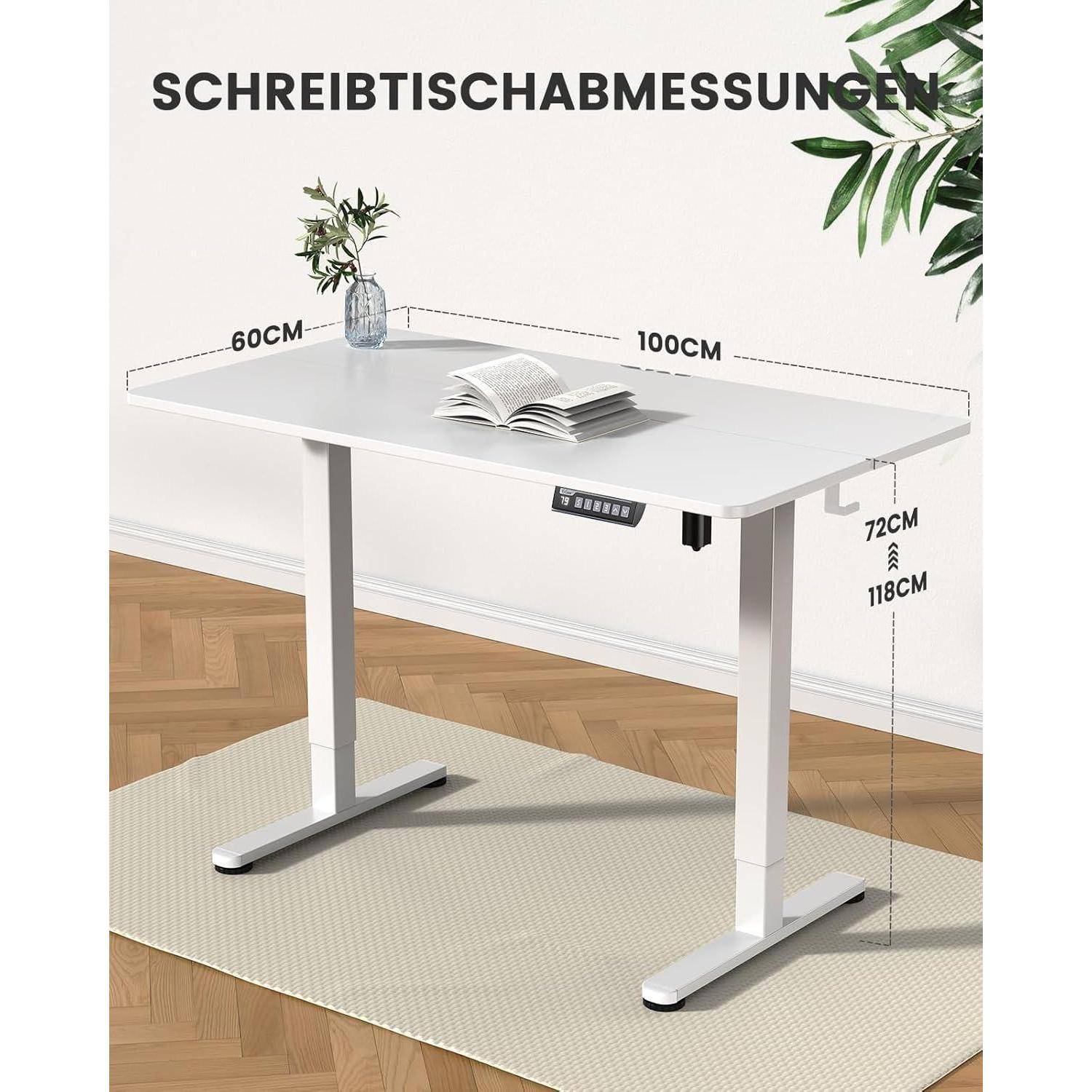 Weißer höhenverstellbarer Schreibtisch mit Bedienfeld, Pflanze und Büchern. Abmessungen angegeben: Breite 60 cm, Länge 100 cm, Höhe verstellbar von 72 cm bis 118 cm.