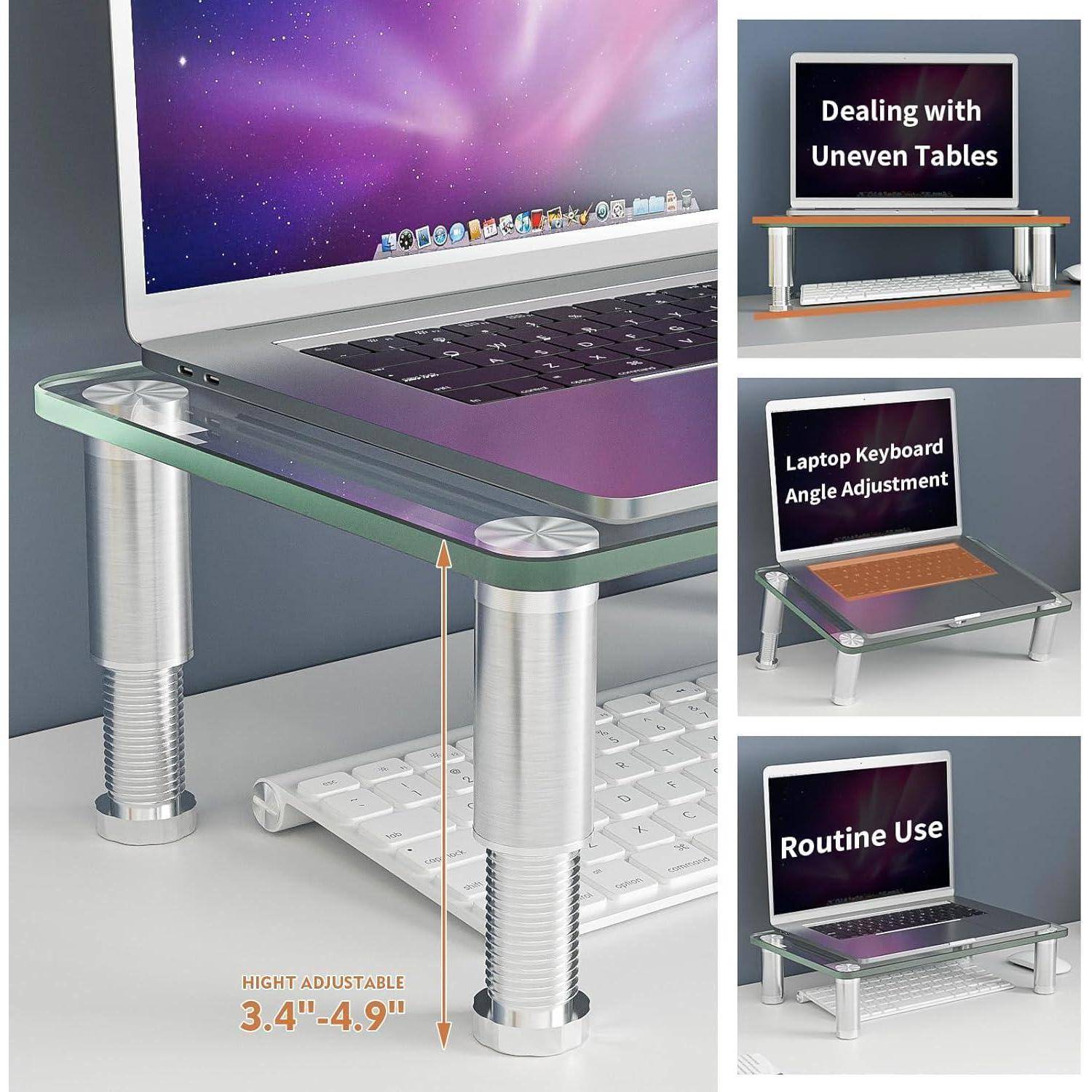 Ein Laptop auf einem verstellbaren Ständer, der Höheneinstellungen zwischen 3,4