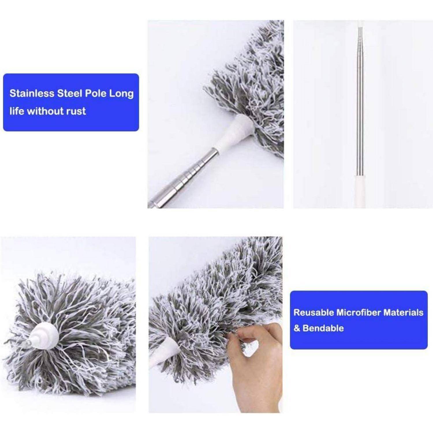 Ein Mopp mit einem rostfreien Edelstahlstiel und wiederverwendbarem Mikrofaserkopf. Texthervorhebungen: 'Lange Lebensdauer ohne Rost' und 'Biegsame Materialien'.