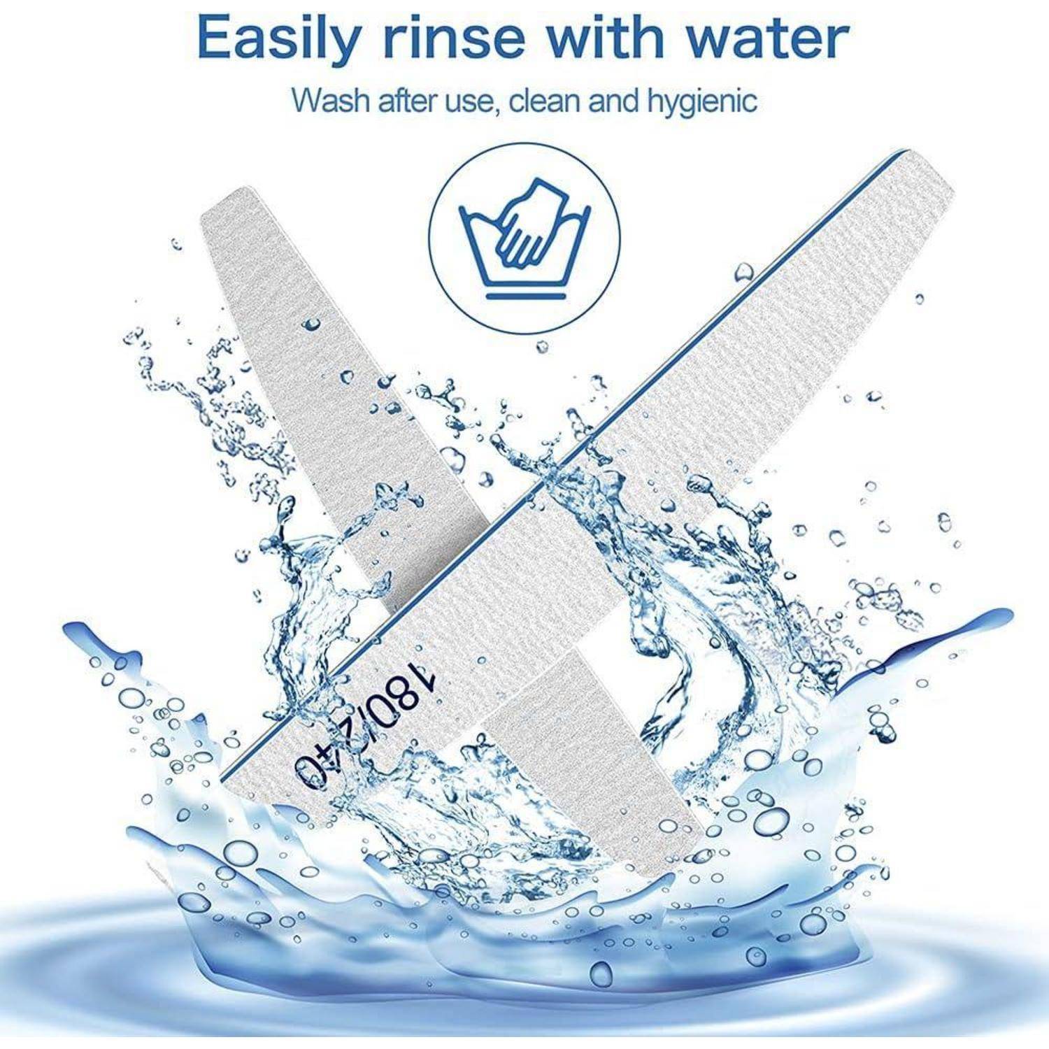 Nagelfeile mit Spritzwasser, beschriftet mit Text: Einfach mit Wasser abspülen. Nach Gebrauch waschen, sauber und hygienisch.