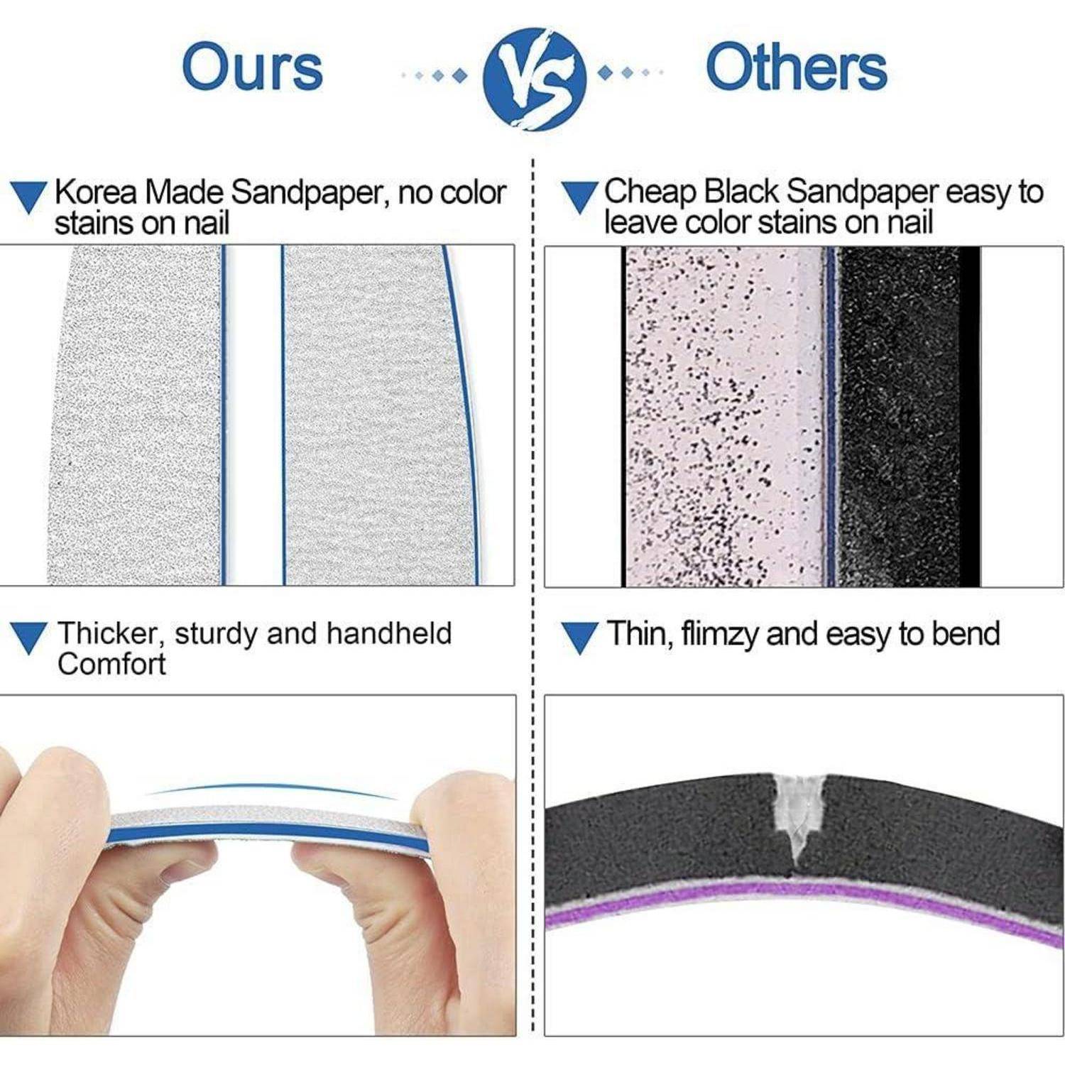 Vergleich von Nagelfeilen: Unsere - In Korea hergestellt, Sandpapier ohne Farbflecken, dicker, robust, komfortabel. Andere - Billiges schwarzes Sandpapier, Flecken, dünn, brüchig.