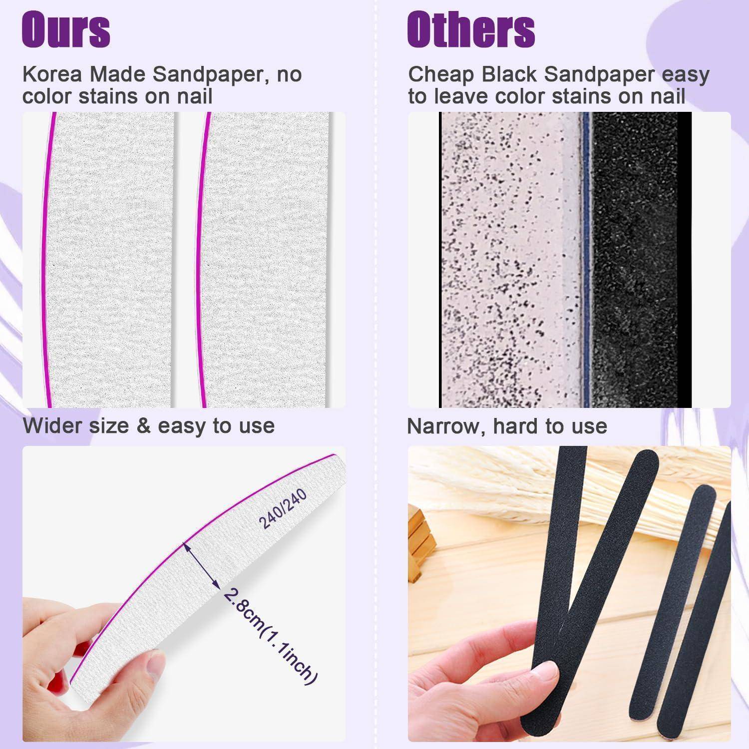 Vergleich zwischen unserer Nagelfeile und anderen: Unsere in Korea hergestellte Sandpapierdatei ist breiter und leicht zu benutzen; andere sind schmal und hinterlassen Flecken.