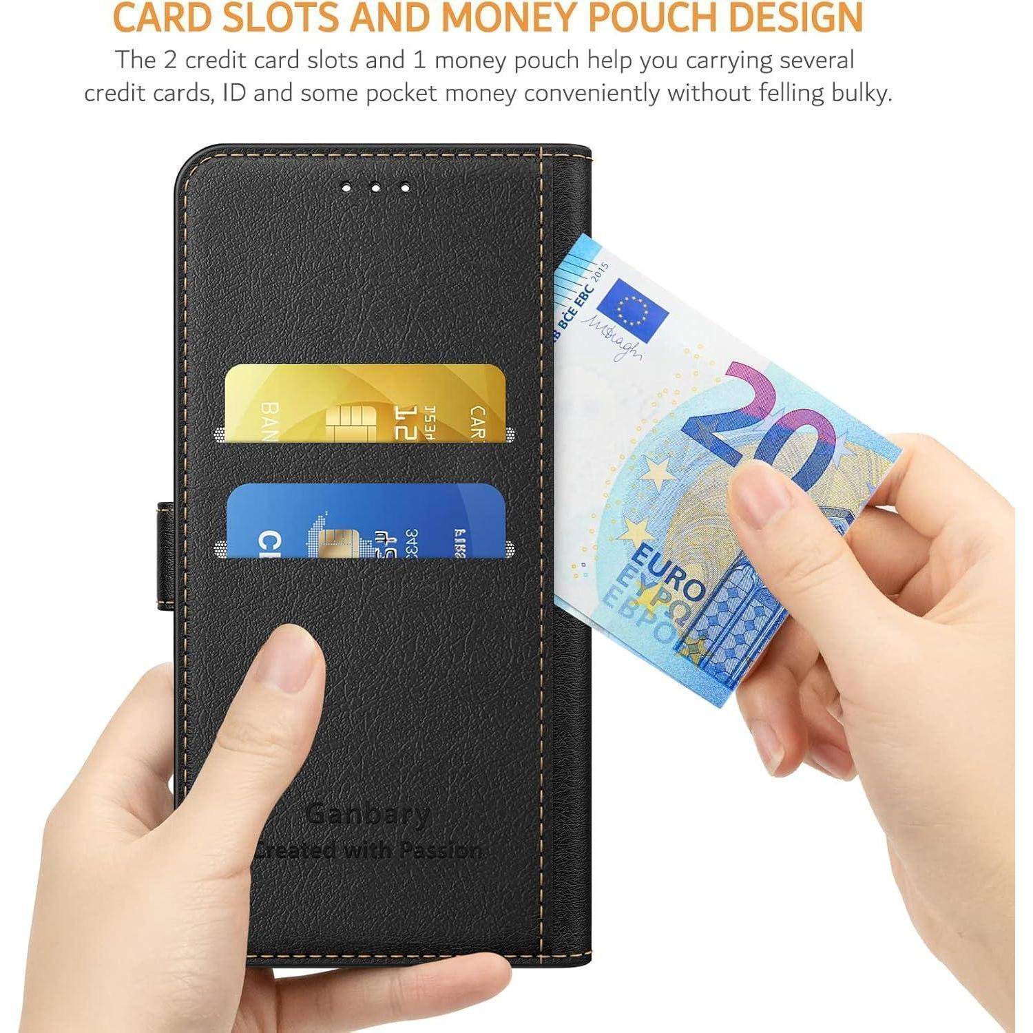 Hand, die eine schwarze Brieftasche geöffnet hält, mit zwei Kartenfächern und einer Tasche mit einem 20-Euro-Schein, wobei das schmale Design hervorgehoben wird.