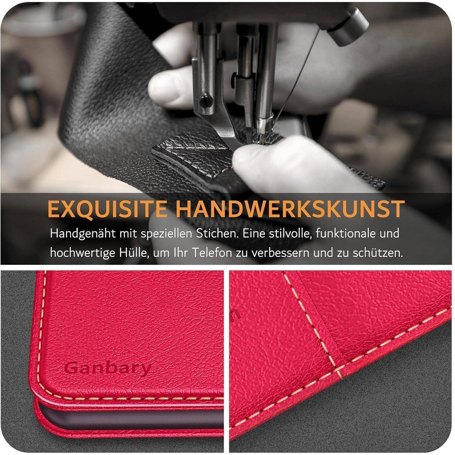 Detailaufnahme von Händen, die schwarzes Leder mit einer Nähmaschine nähen und Handwerkskunst zeigen. Darunter ein rotes Ledertelefongehäuse mit Stickdetails. Text: 'Exquisite Handwerkskunst'.