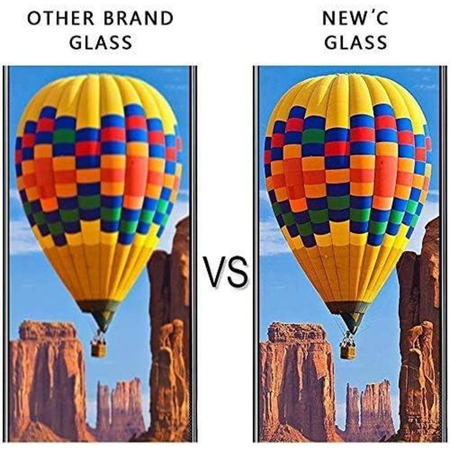 Vergleich zweier Smartphone-Bildschirme, die eine Heißluftballonszene zeigen. Links, 'Glas anderer Marke', zeigt Blendung; rechts, 'NEW'C Glas', ist klar.