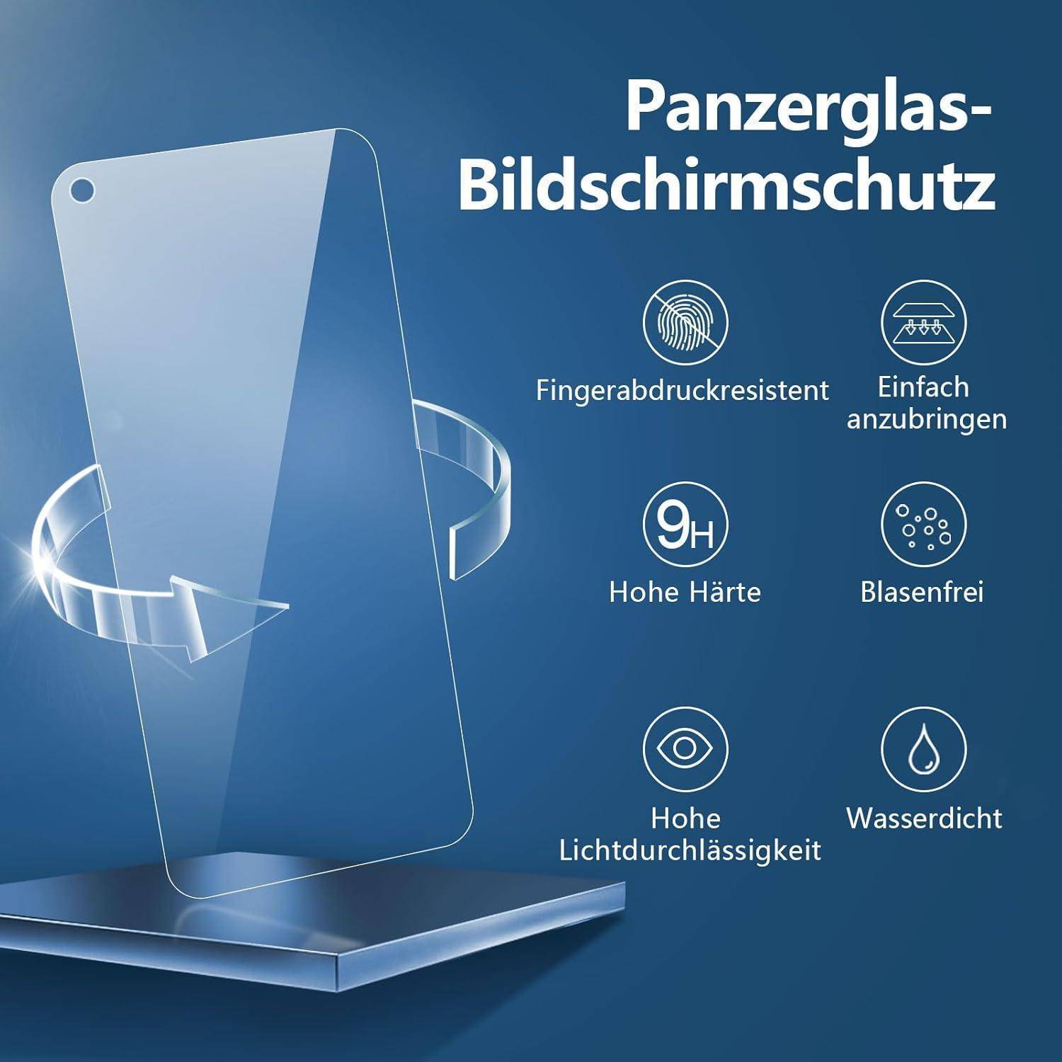 Ein gehärteter Glasbildschirmschutz wird mit folgenden Merkmalen präsentiert: fingerabdruckresistent, einfache Anbringung, 9H Härte, blasenfrei, hohe Transparenz, wasserdicht.
