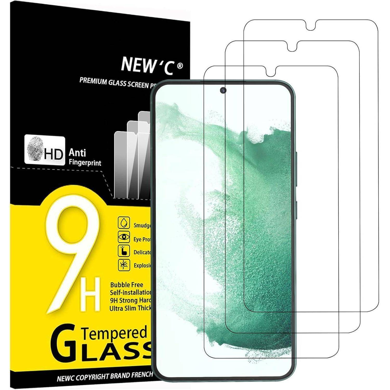 Gehärtete Glasbildschirmschutzfolien für ein Telefon mit Anti-Fingerabdruck-Beschichtung und 9H-Härte. Verpackung enthält Installationswerkzeuge.