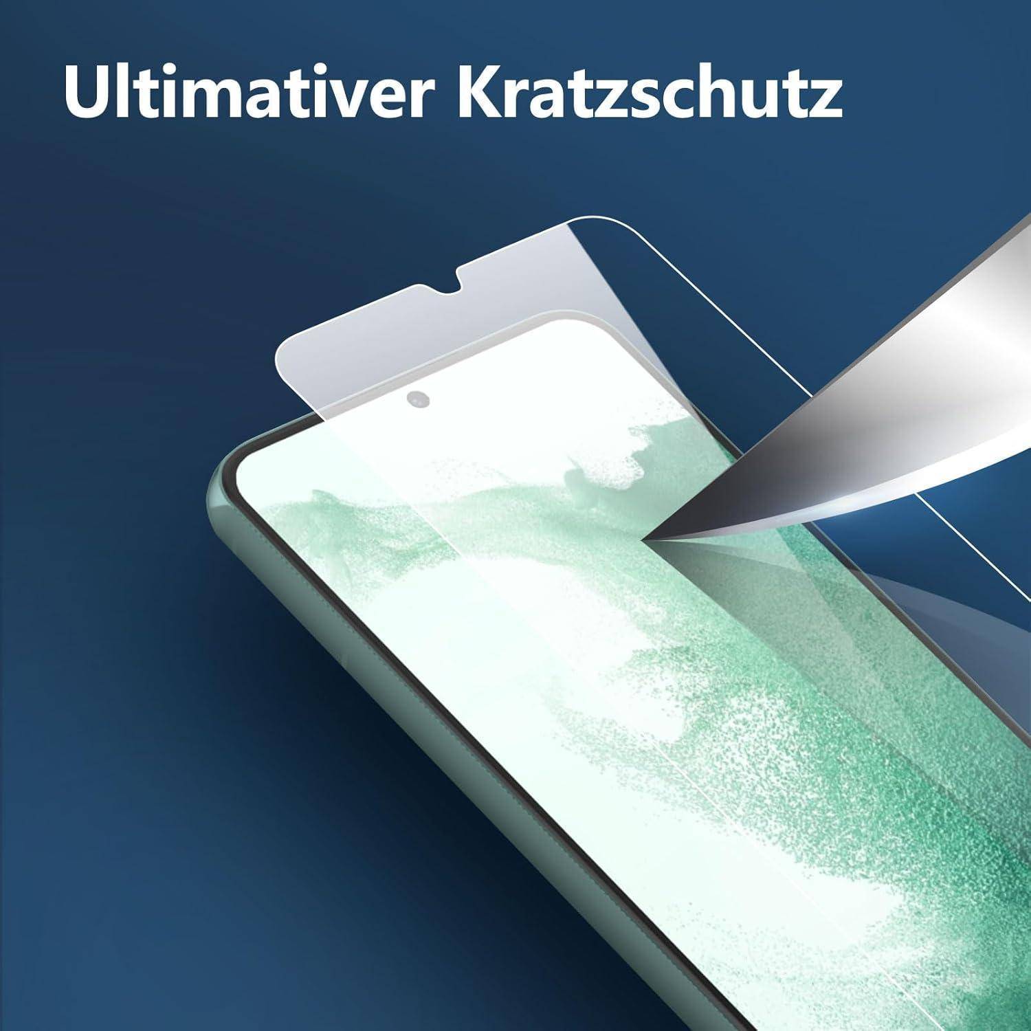 Ein Smartphone, auf dem eine Displayschutzfolie angebracht wird; Text lautet 'Ultimativer Kratzschutz'.