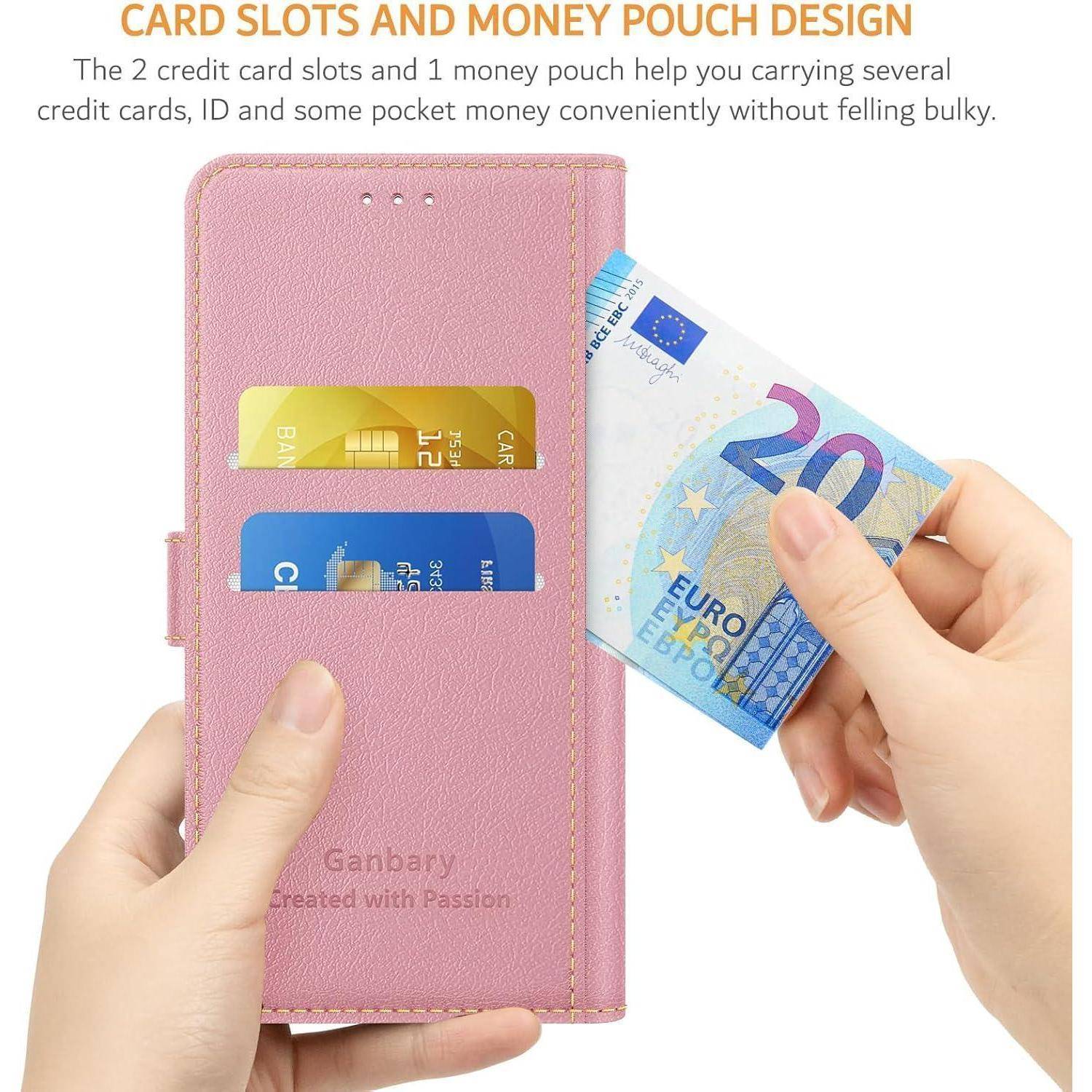 Eine Hand hält eine rosa Handyhülle mit Geldbörse, die zwei Kartenfächer und ein Münzfach besitzt, wobei eine 20-Euro-Banknote gerade eingesteckt wird.