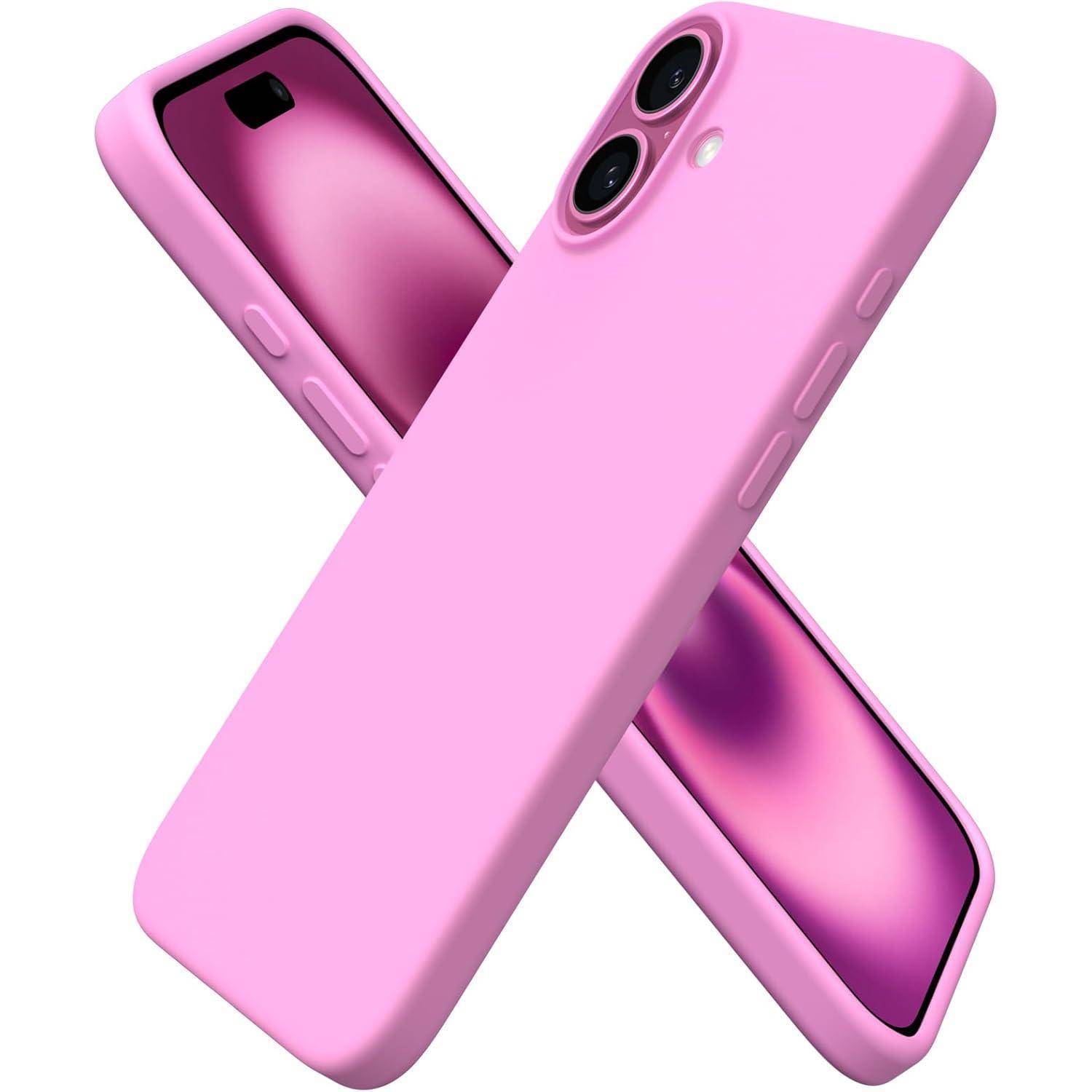 Rosa Handyhüllen für Smartphones, in einer 'X'-Formation angeordnet. Die Hüllen haben Aussparungen für Kameras und Tasten, mit einer glatten Oberfläche.